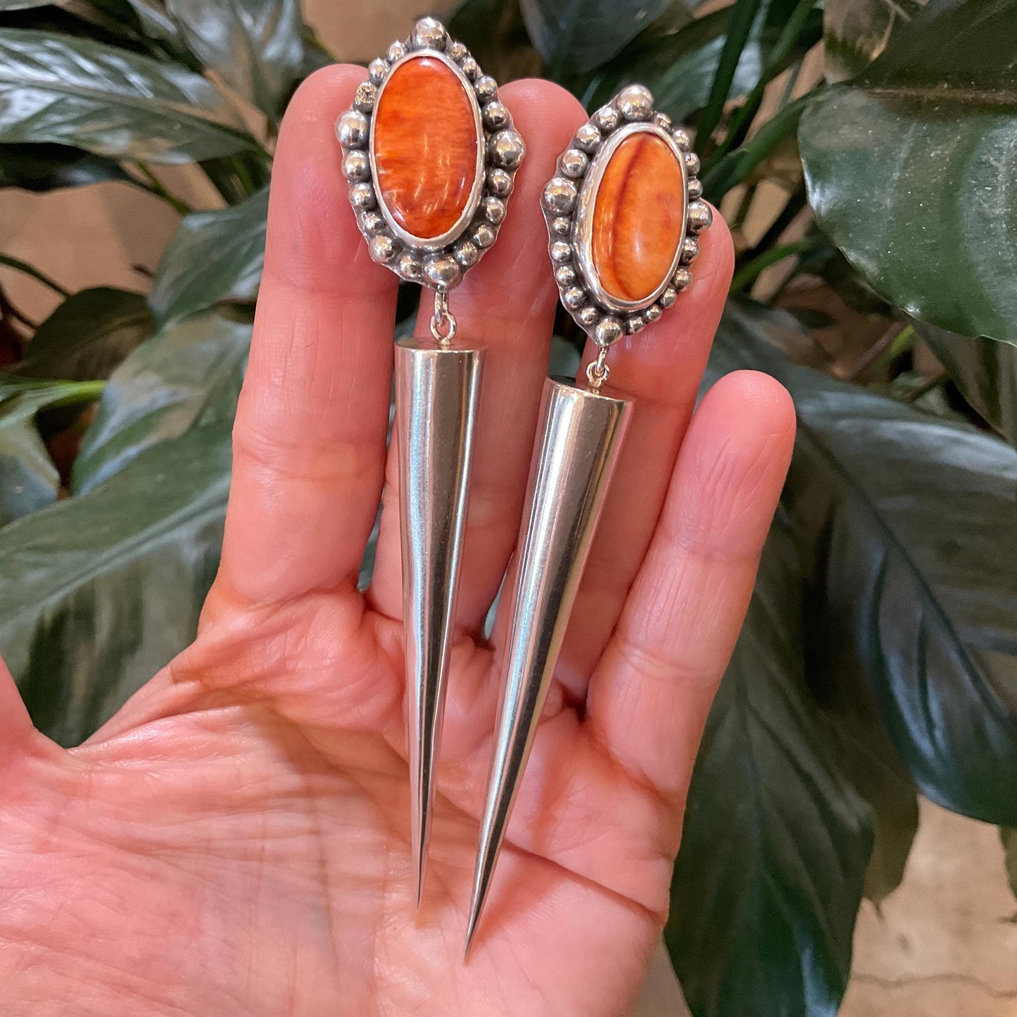Sterling Silver large orange spiny oyster long dangle spike earrings 4.5” long