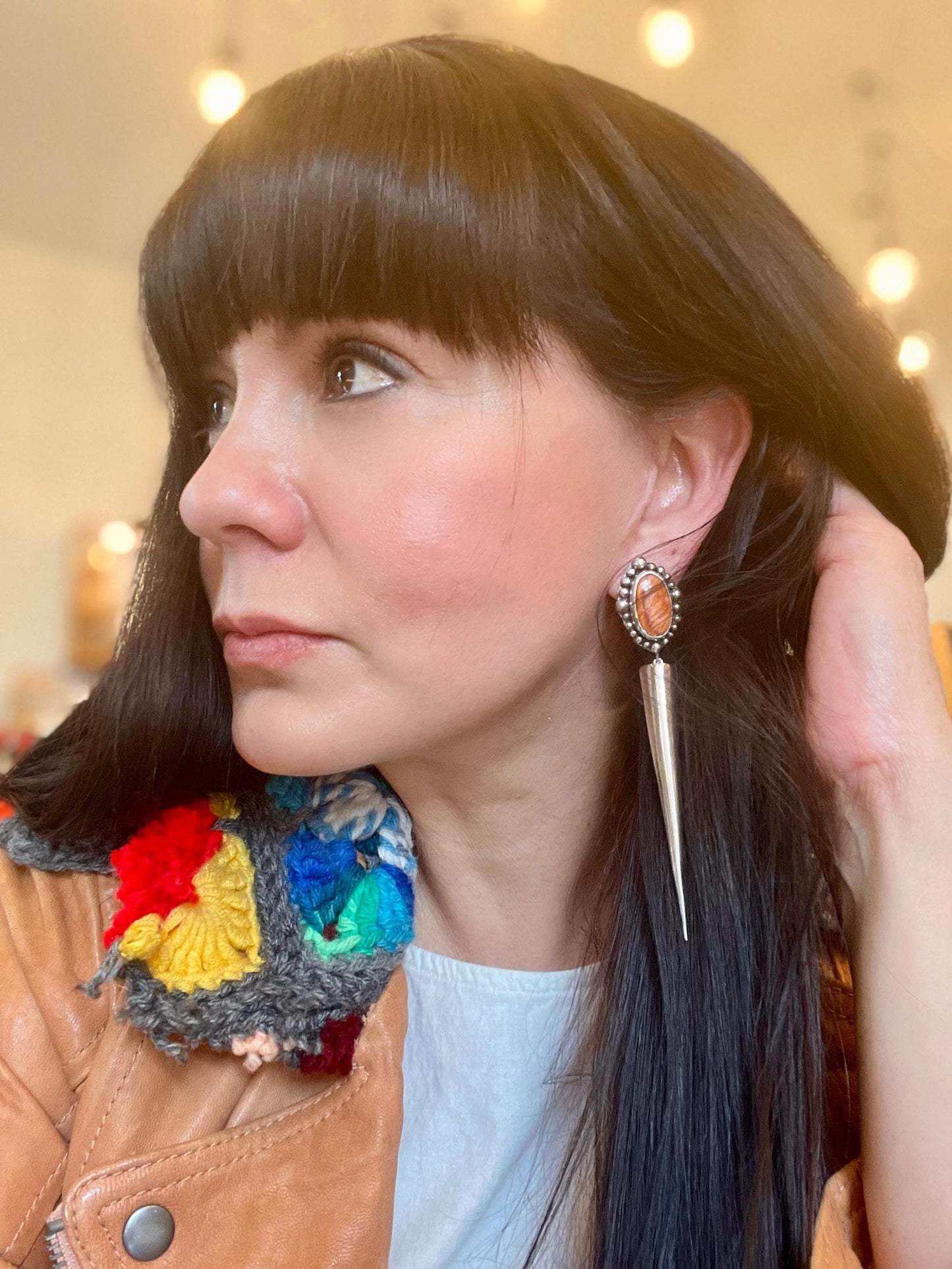 Sterling Silver large orange spiny oyster long dangle spike earrings 4.5” long