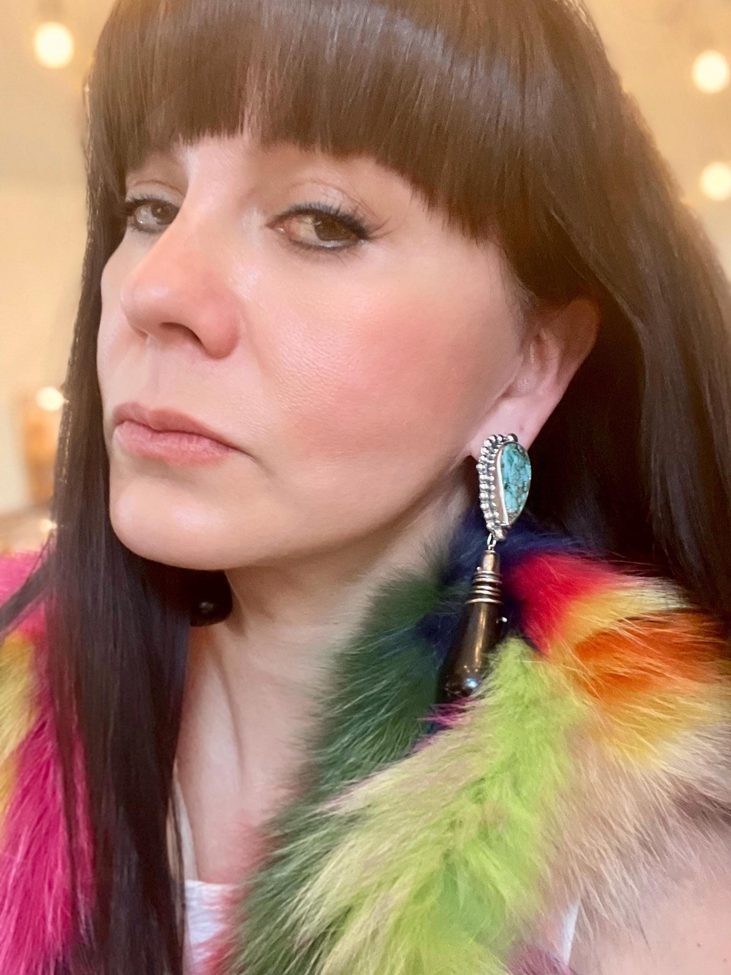 sterling silver Modernist oversize black cone horn turquoise Earrings