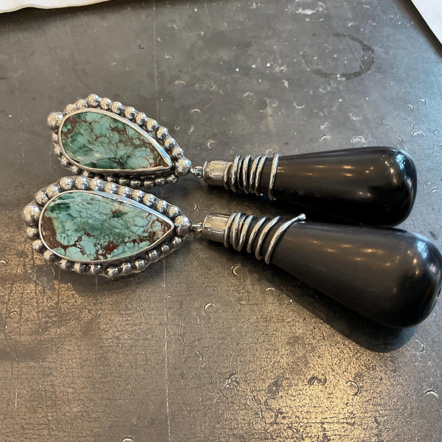 sterling silver Modernist oversize black cone horn turquoise Earrings