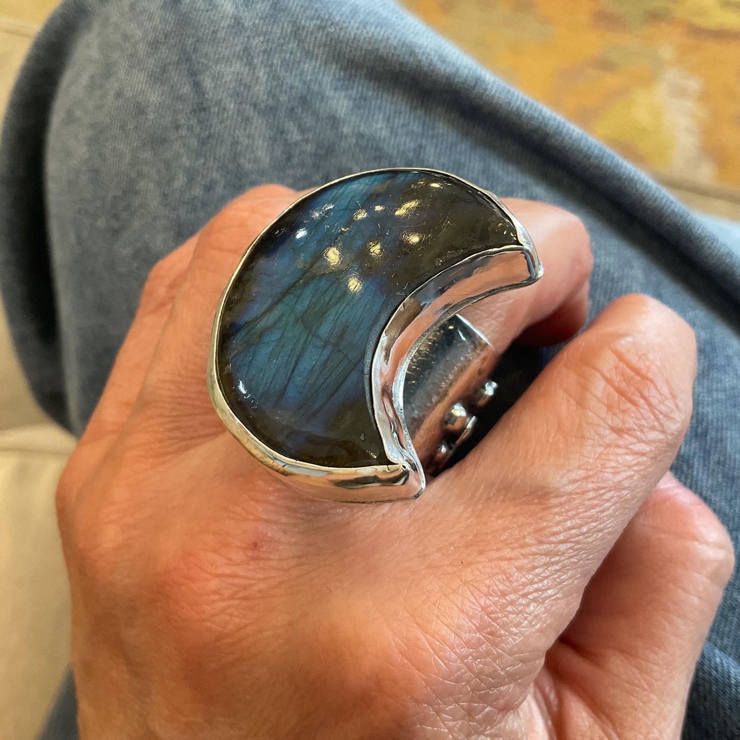 Sterling silver Statement labradorite brutalist crescent moon ring