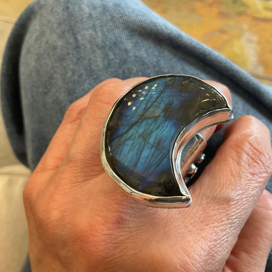 Sterling silver Statement labradorite brutalist crescent moon ring
