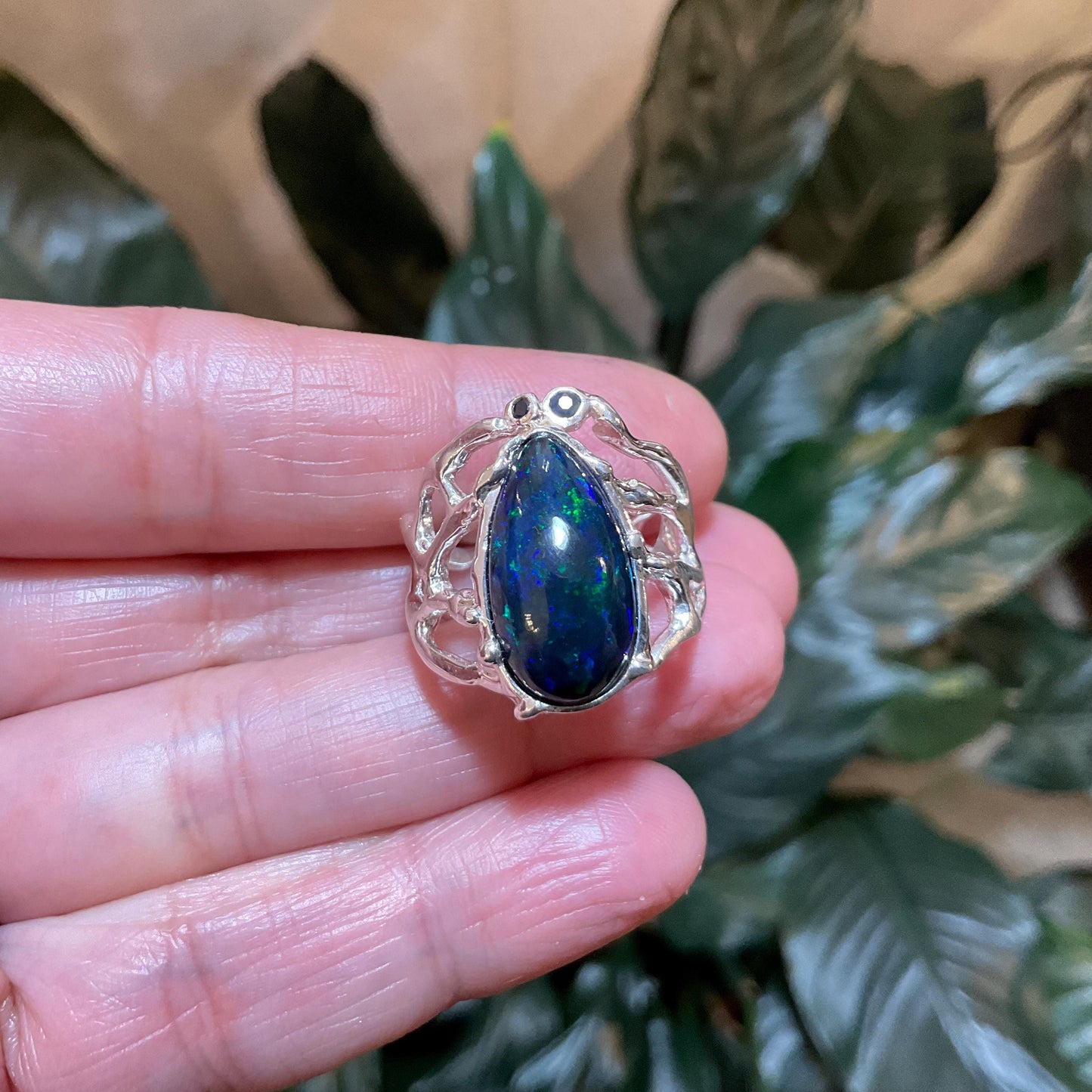 Handmade Sterling Silver Opal Ring: Natural Sapphire Accents size 8