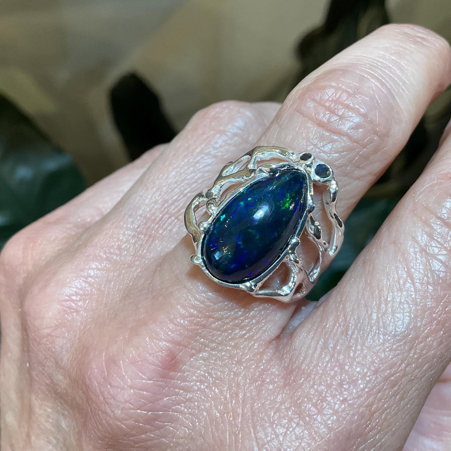 Handmade Sterling Silver Opal Ring: Natural Sapphire Accents size 8