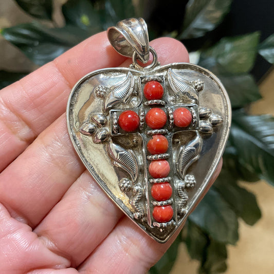 Sterling silver vintage italian coral turquoise rustic cross