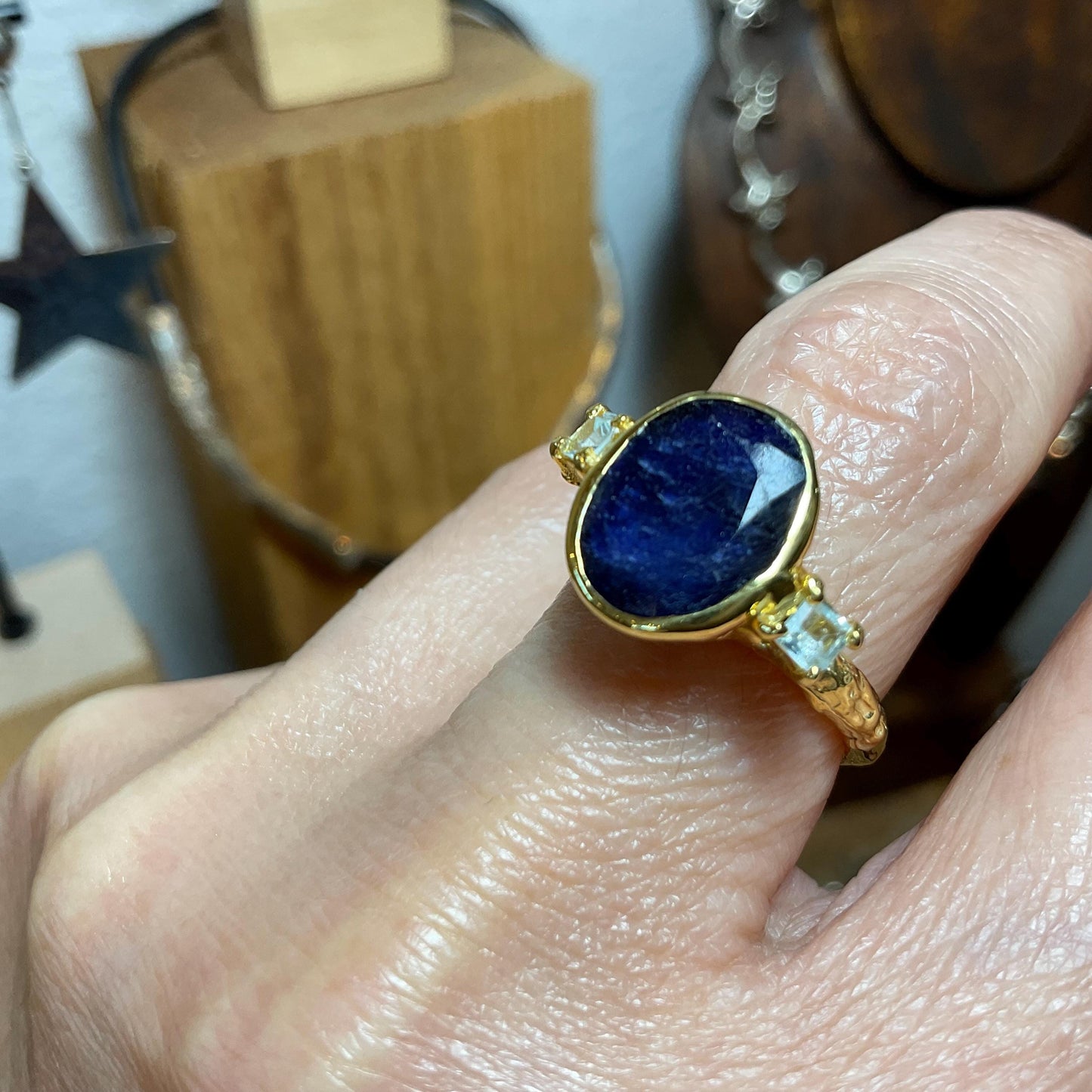 Sterling Silver Natural Blue Sapphire gold  topaz Ring 7.5