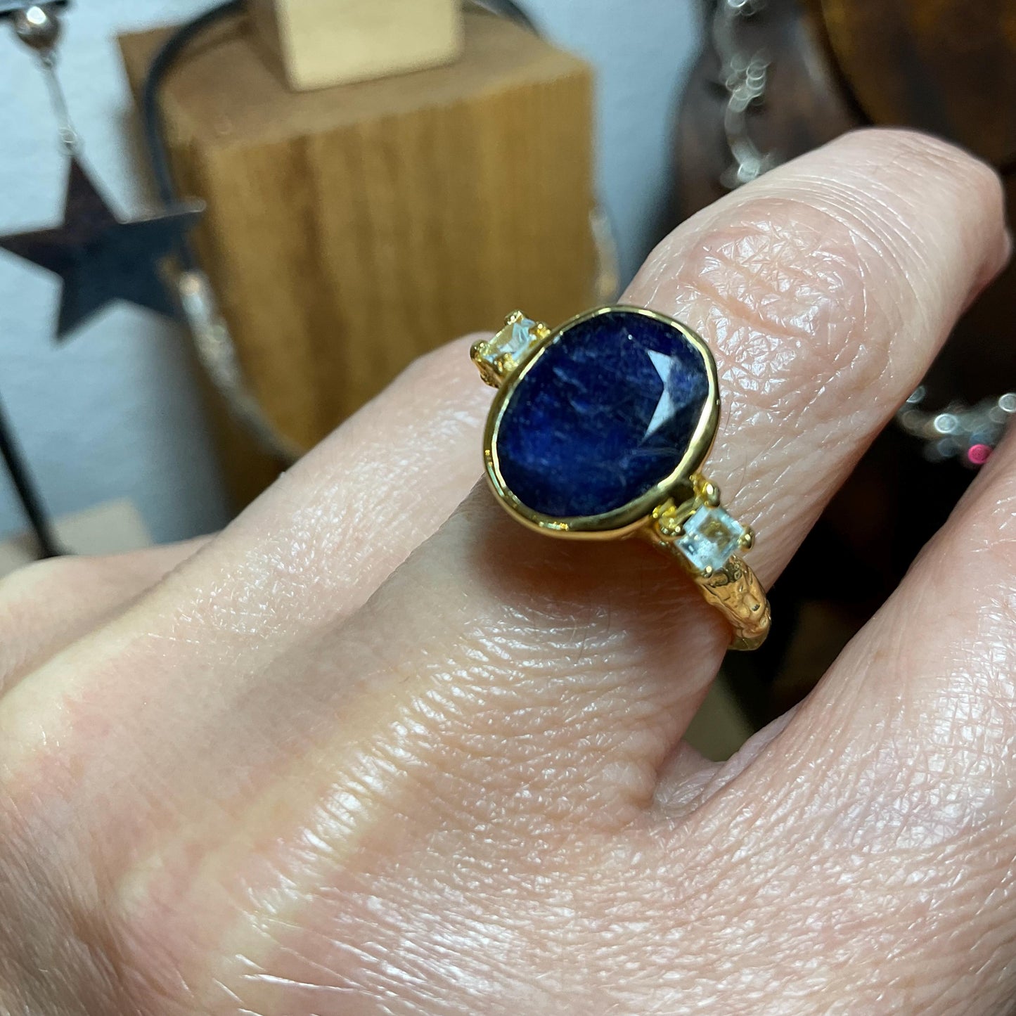 Sterling Silver Natural Blue Sapphire gold  topaz Ring 7.5