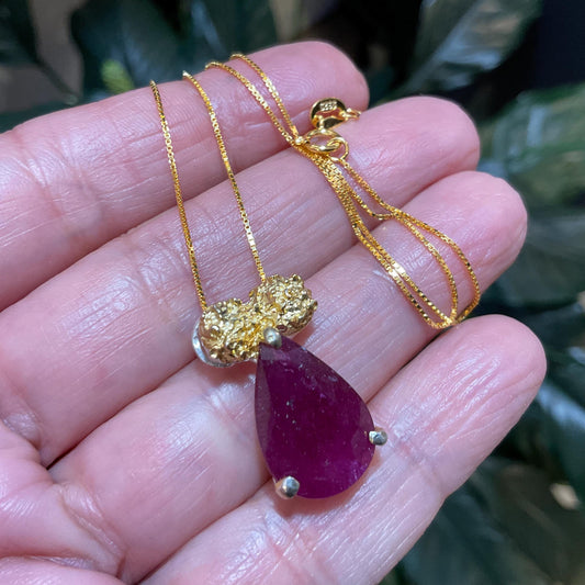 Sterling silver red natural ruby pendant gold necklace