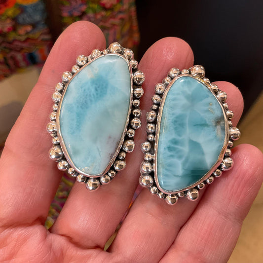 Sterling Silver Dominican larimar large post modernist earrings
