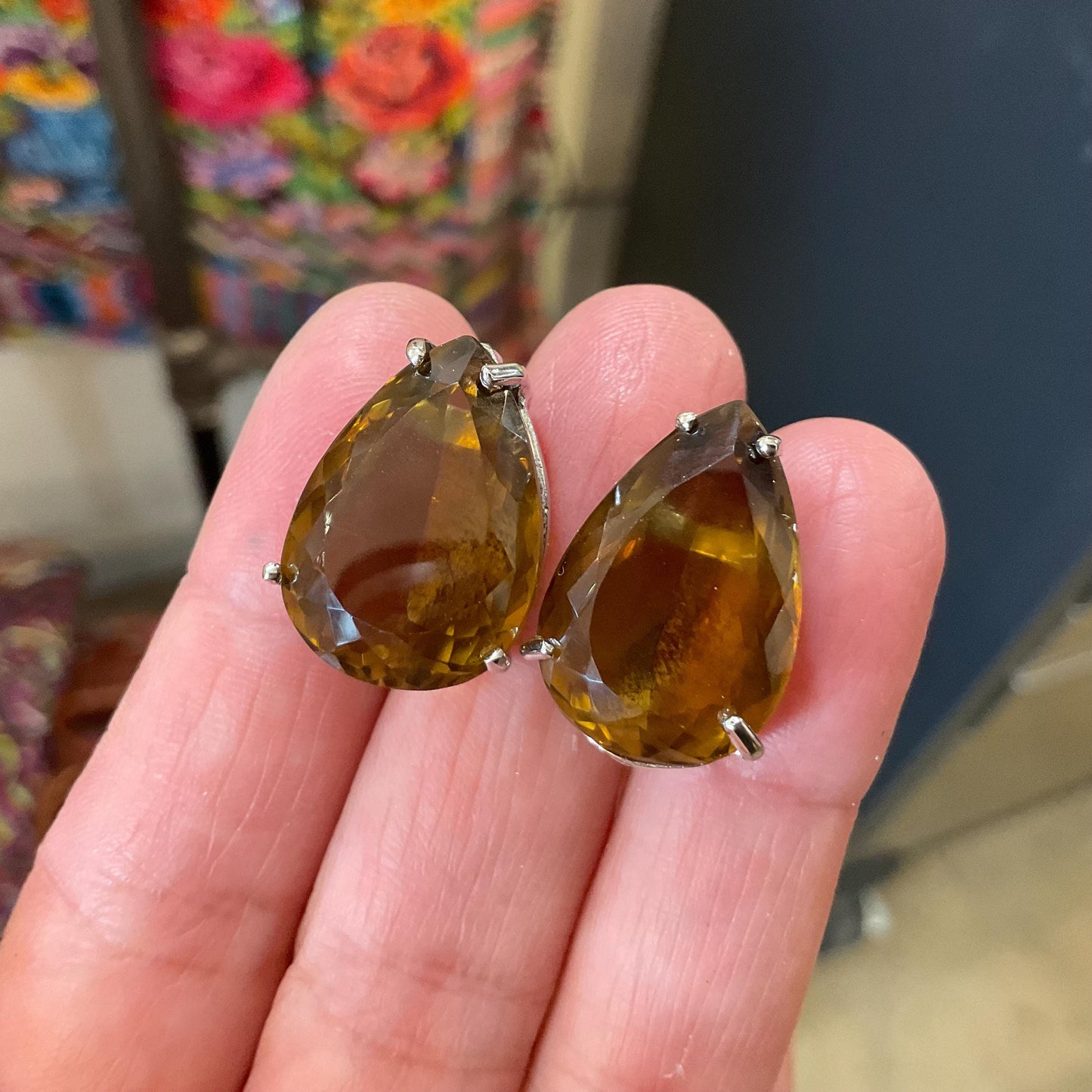 Sterling silver large darke citrine pear shape  post earrings