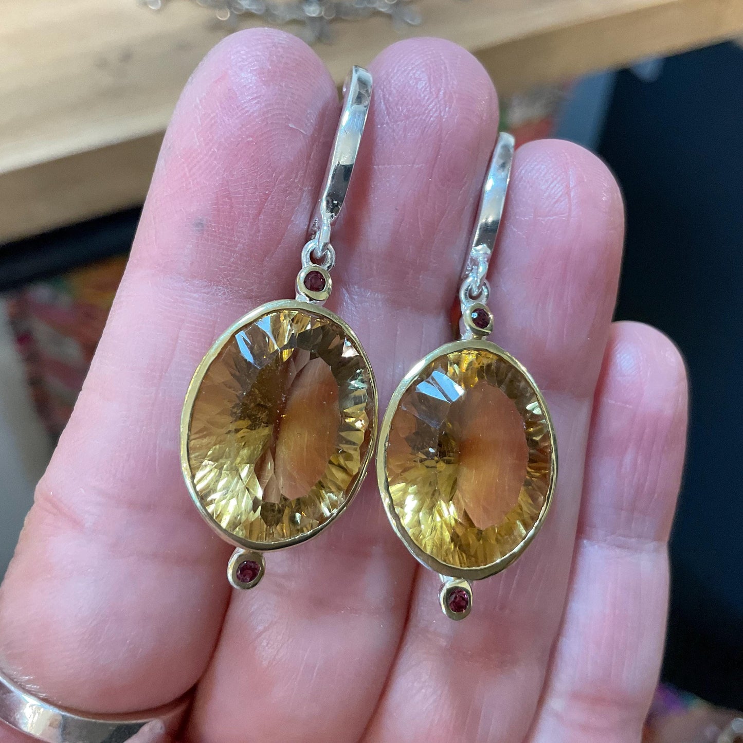 Sterling silver natural citrine rhodolite dangle oval earrings