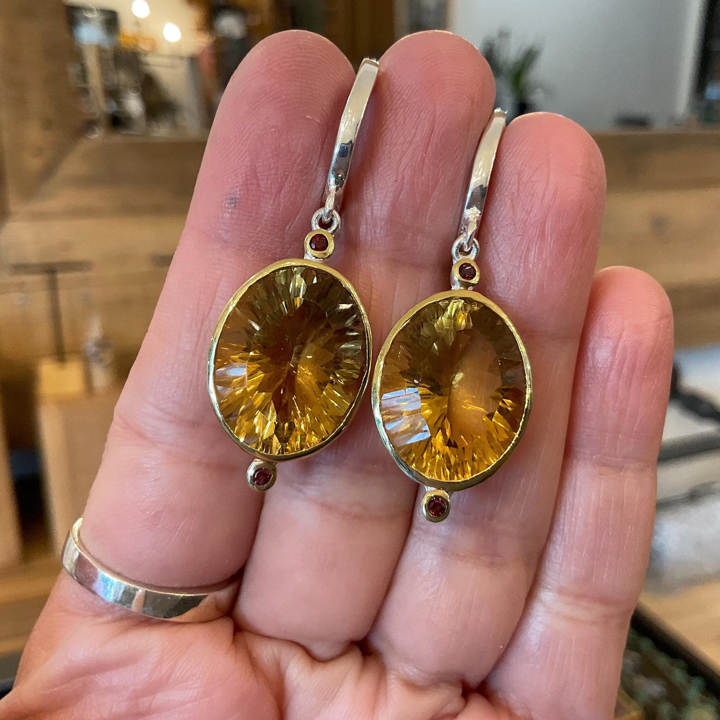 Sterling silver natural citrine rhodolite dangle oval earrings