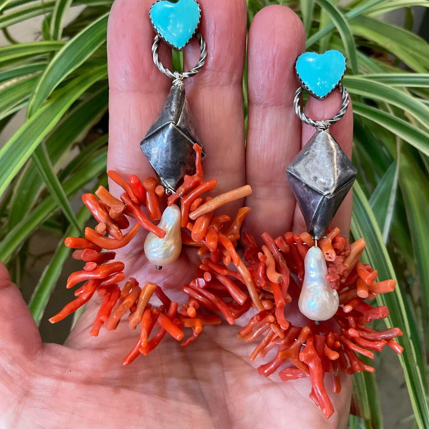 Sterling Silver turquoise statement heart coral long earrings