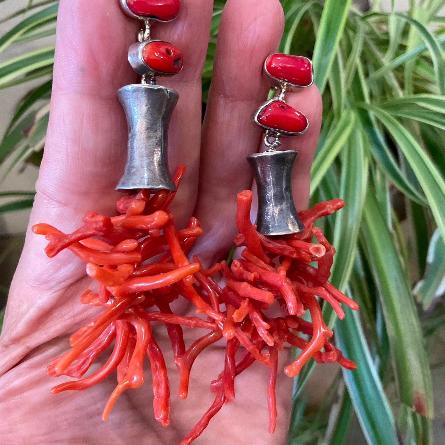 Sterling Silver ethnic statement  coral long earrings