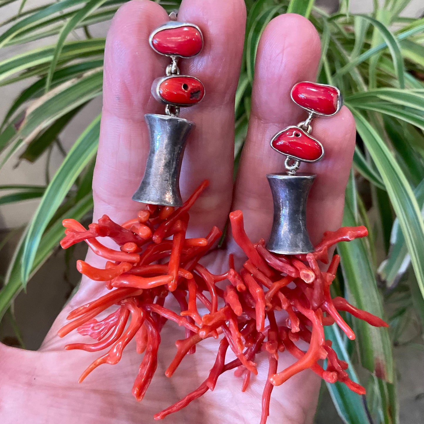 Sterling Silver ethnic statement  coral long earrings