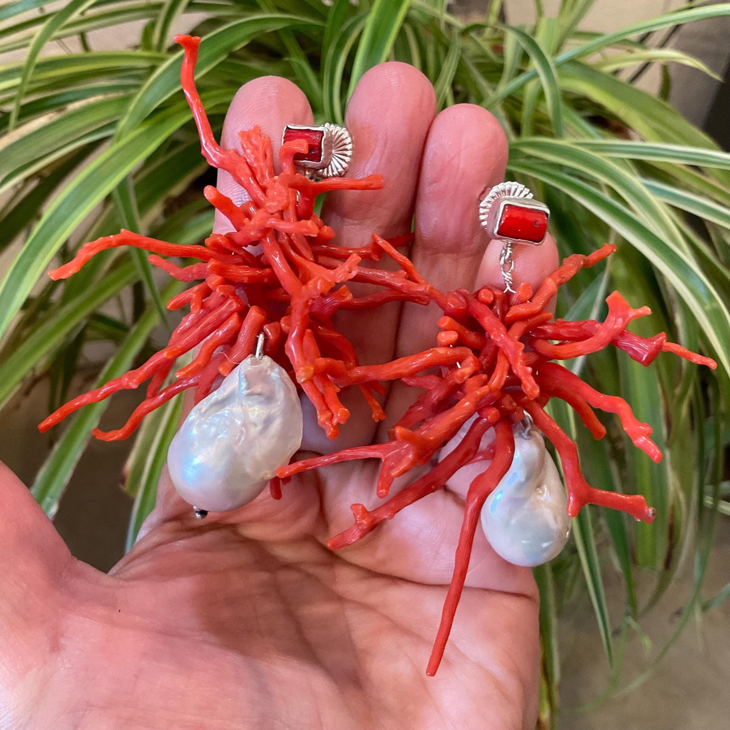 Sterling Silver baroque pearl statement  coral long earrings