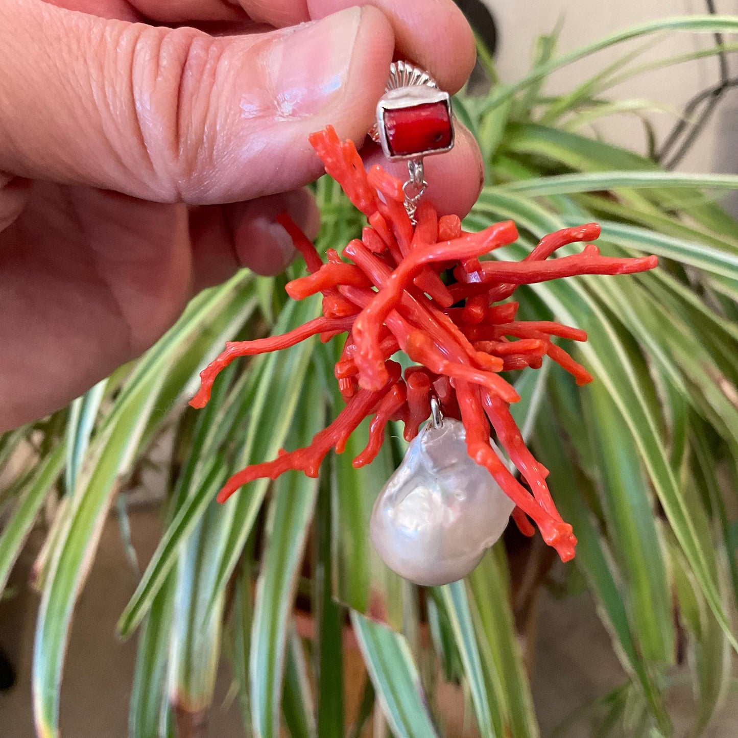 Sterling Silver baroque pearl statement  coral long earrings