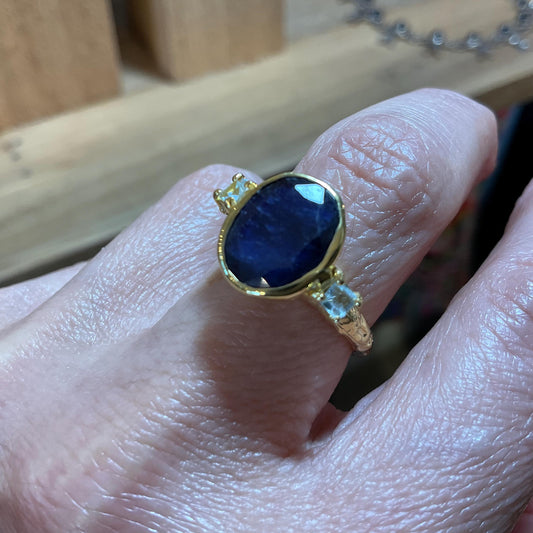 Sterling Silver Natural Blue Sapphire gold  topaz Ring 7.5