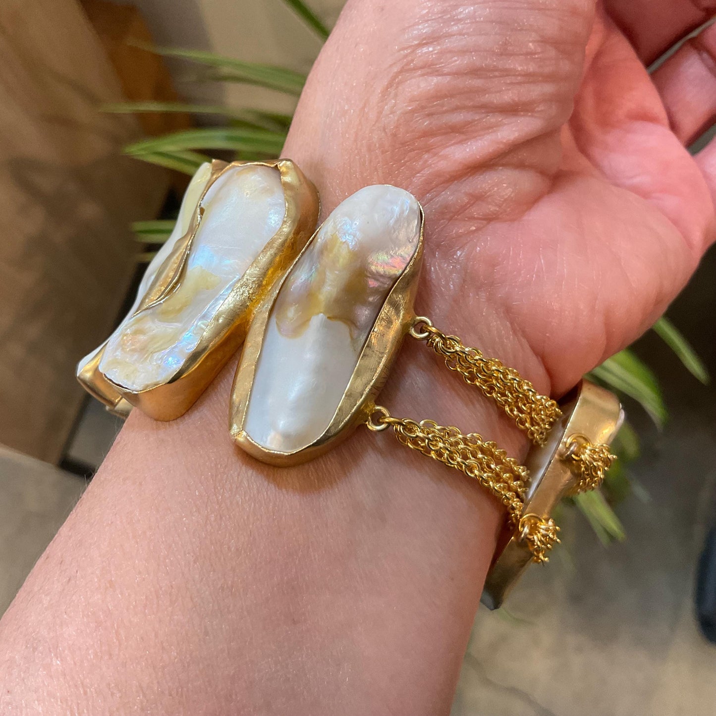 Gold plated brass statement large natural baroque pearl cluster bracelet