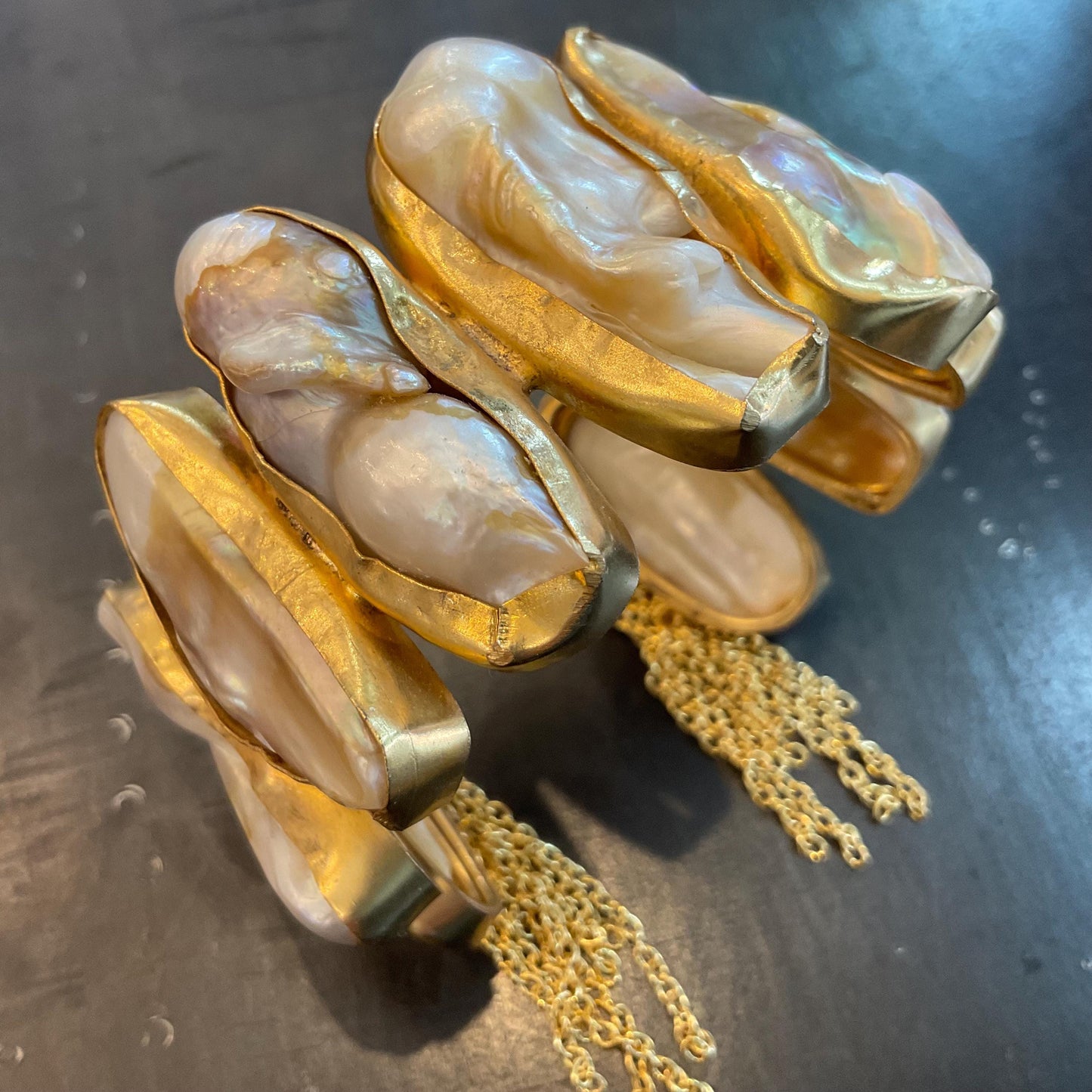 Gold plated brass statement large natural baroque pearl cluster bracelet