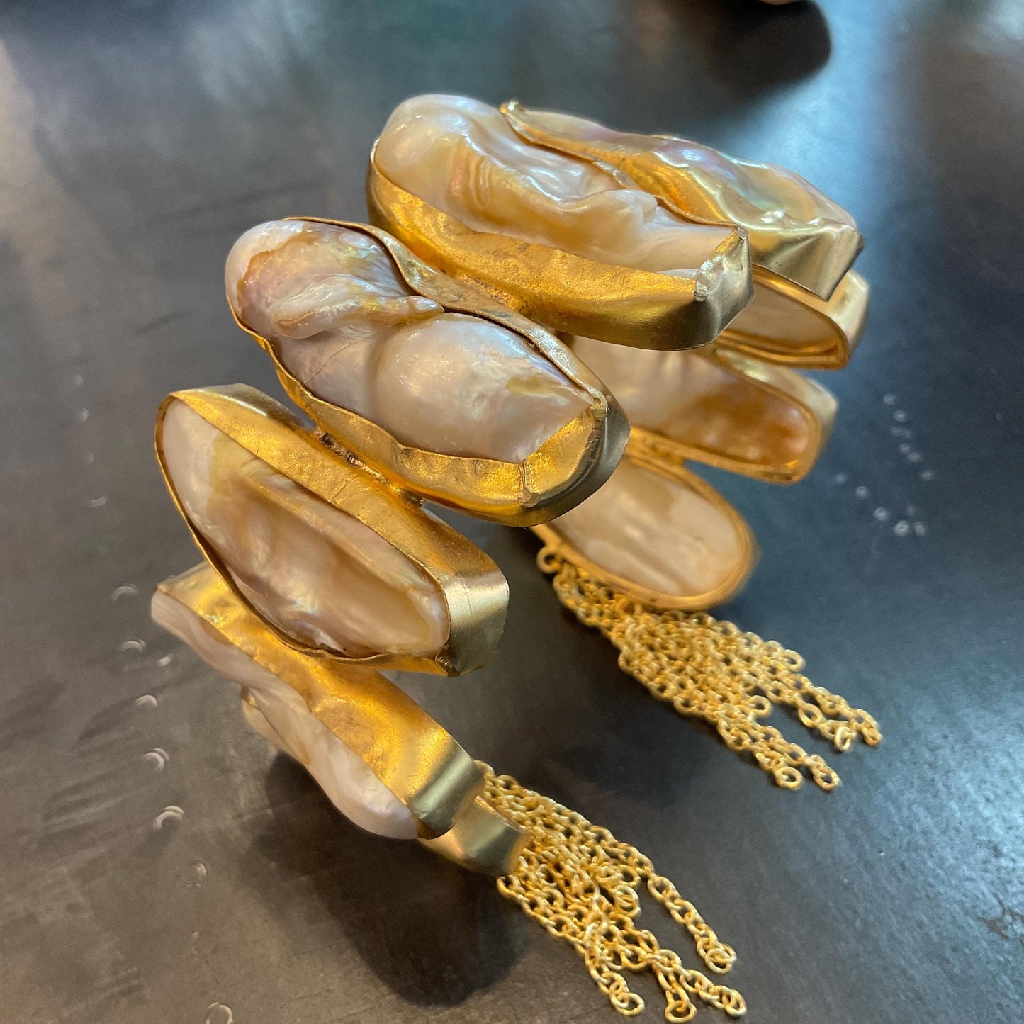 Gold plated brass statement large natural baroque pearl cluster bracelet