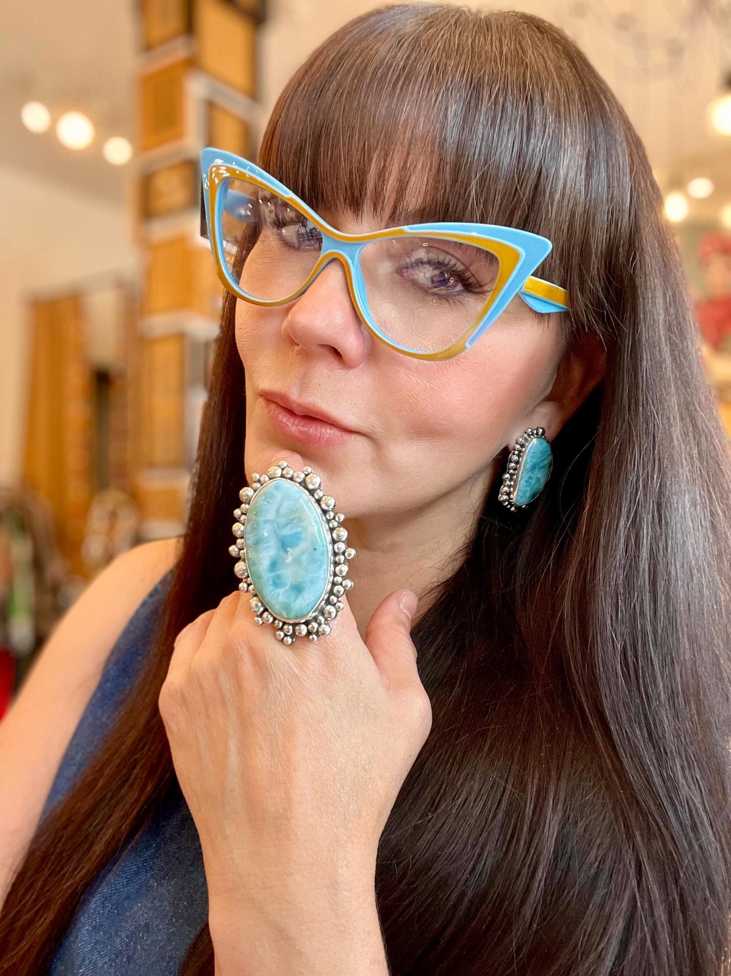 Sterling Silver Dominican larimar large post modernist earrings