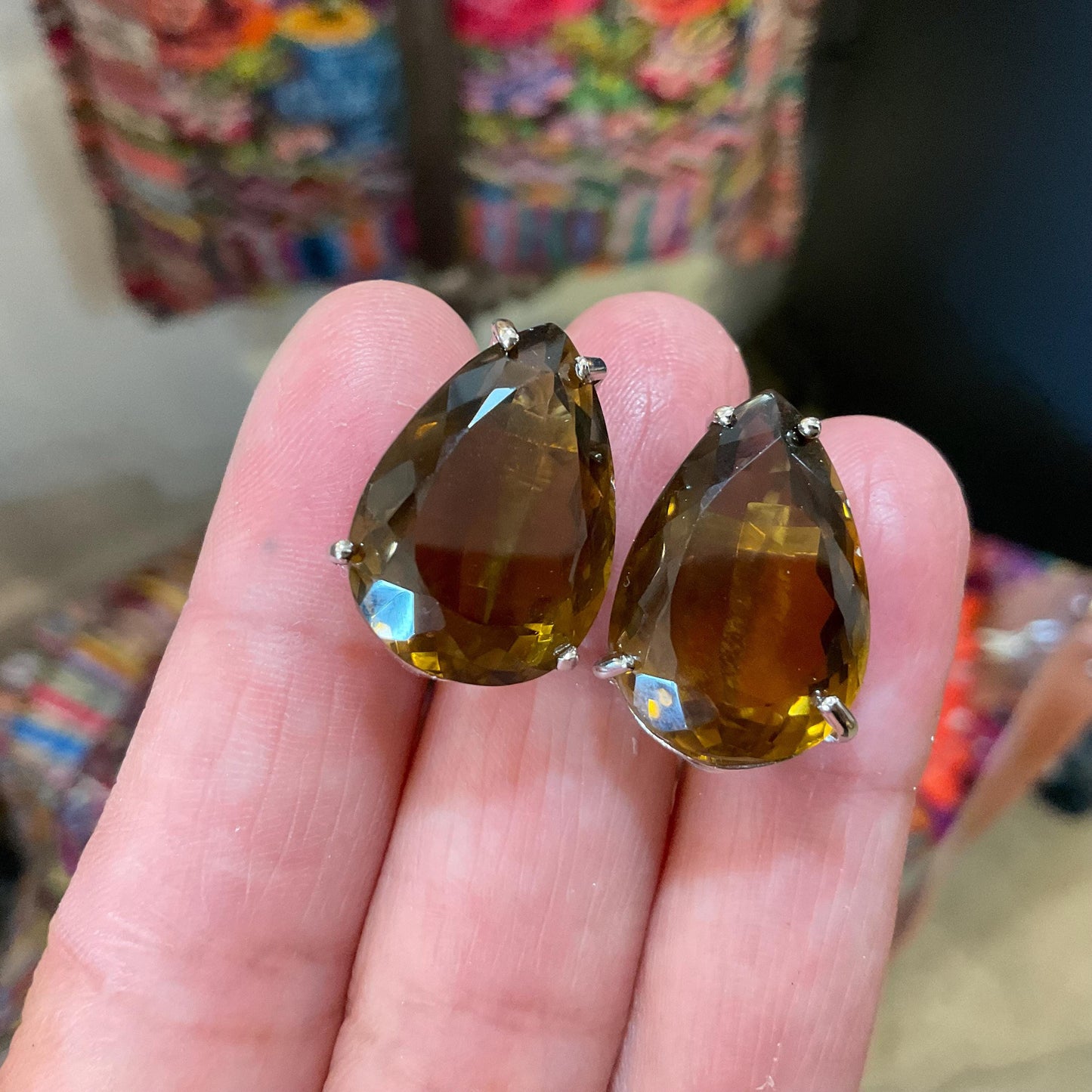 Sterling silver large darke citrine pear shape  post earrings