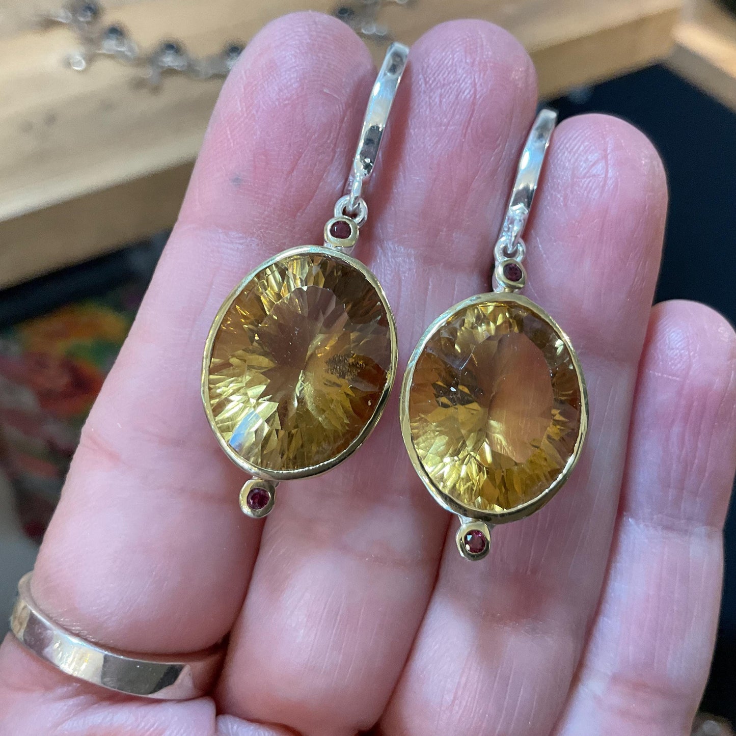 Sterling silver natural citrine rhodolite dangle oval earrings