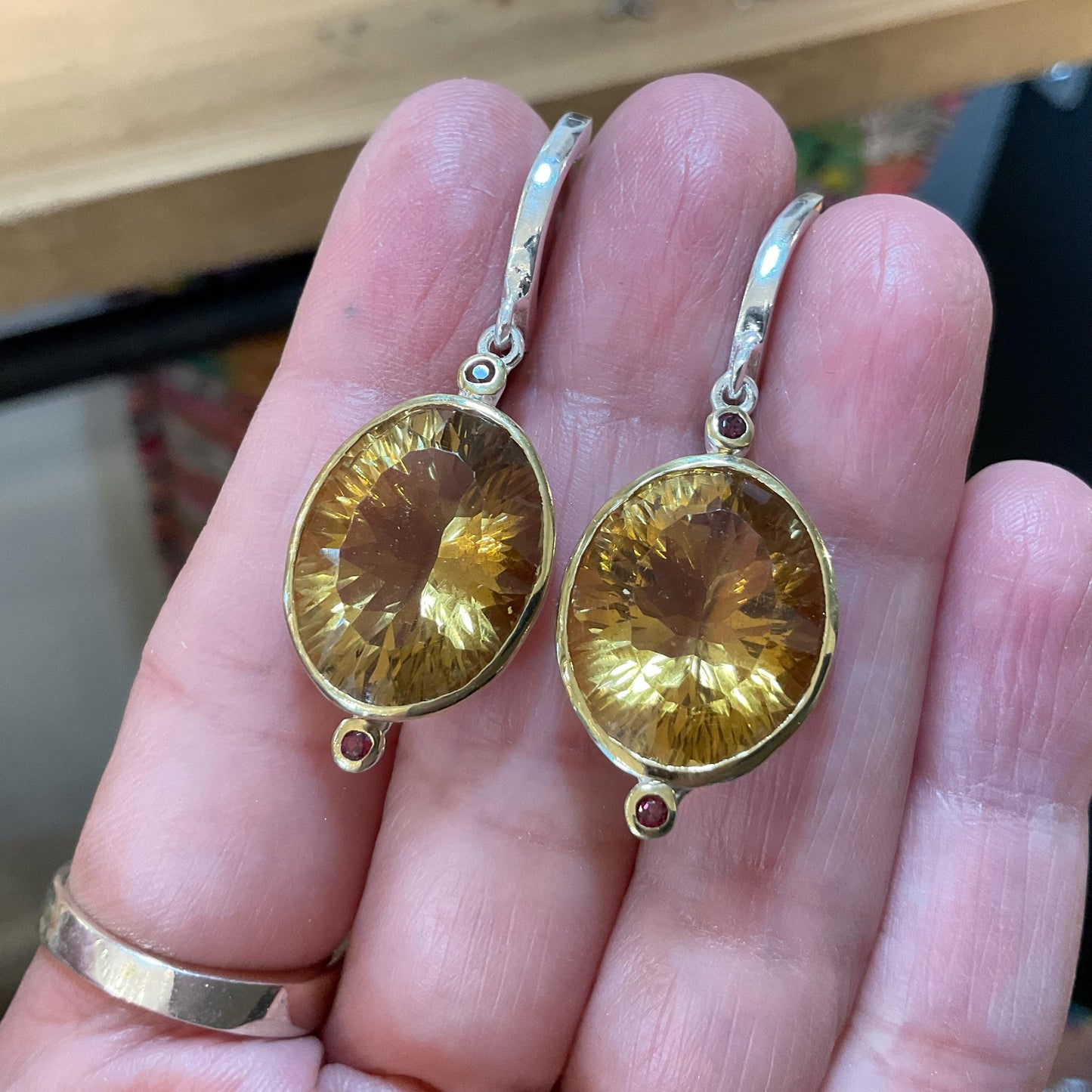 Sterling silver natural citrine rhodolite dangle oval earrings