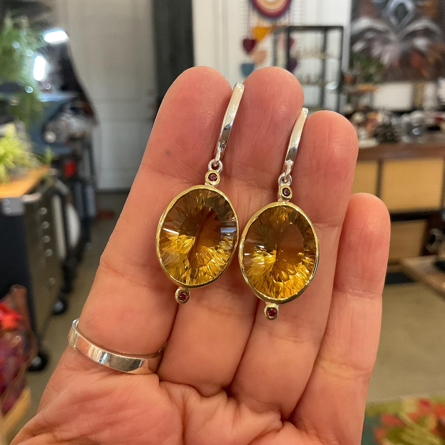 Sterling silver natural citrine rhodolite dangle oval earrings