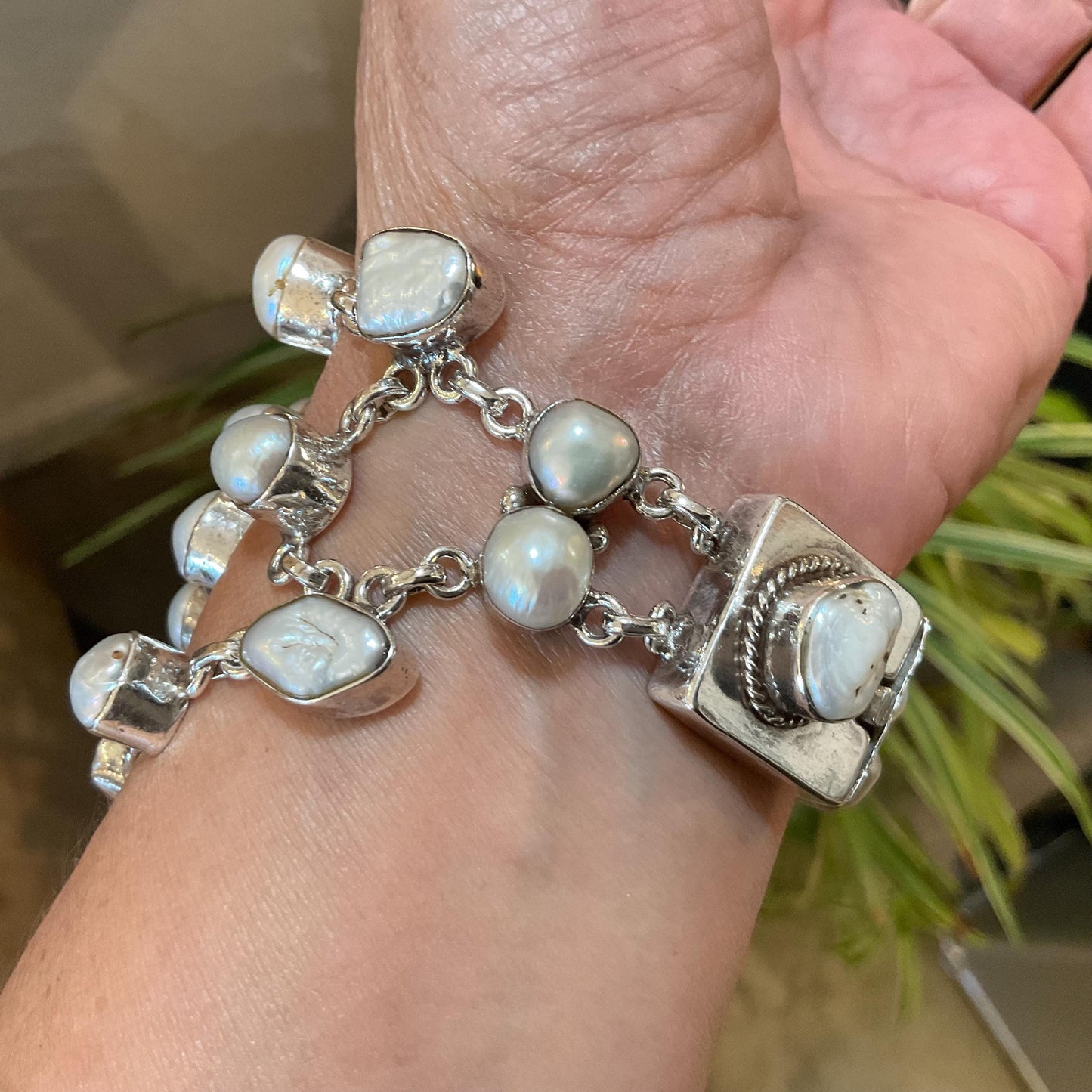 sterling silver heirloom statement white natural pearl cluster bracelet