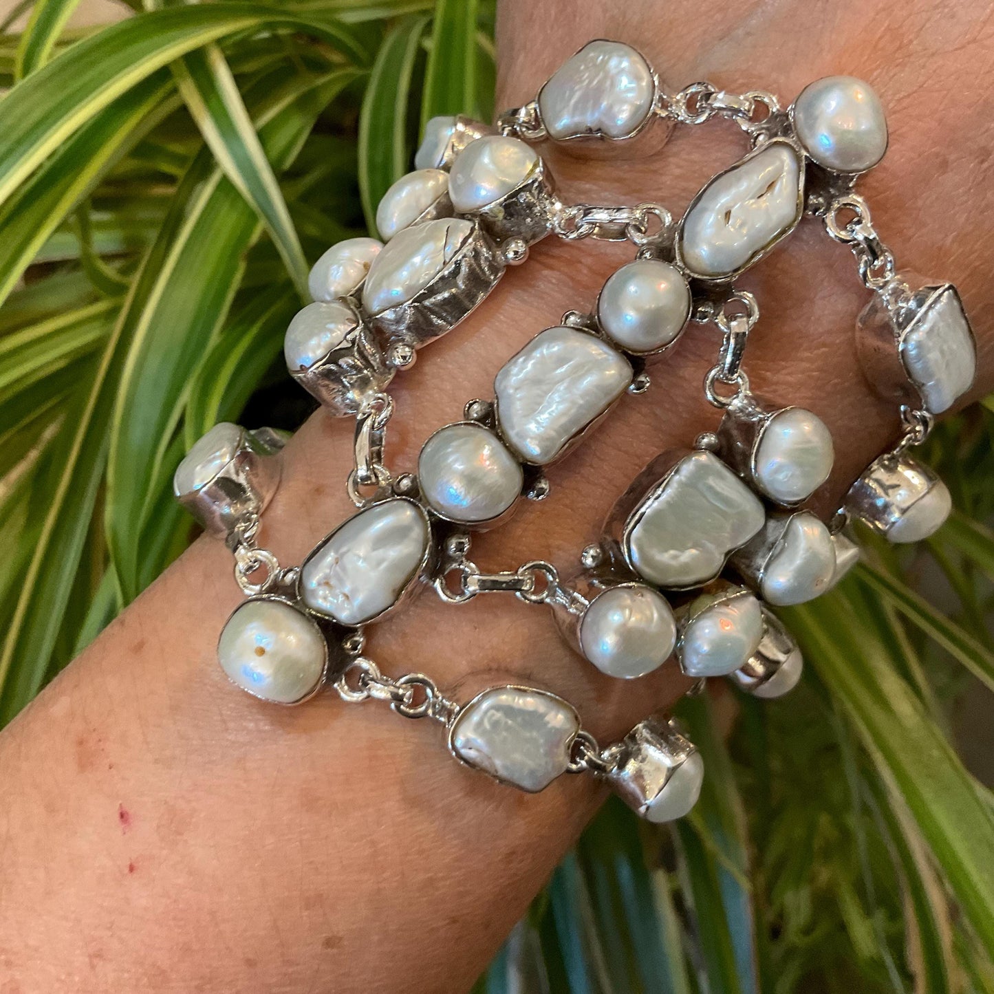sterling silver heirloom statement white natural pearl cluster bracelet