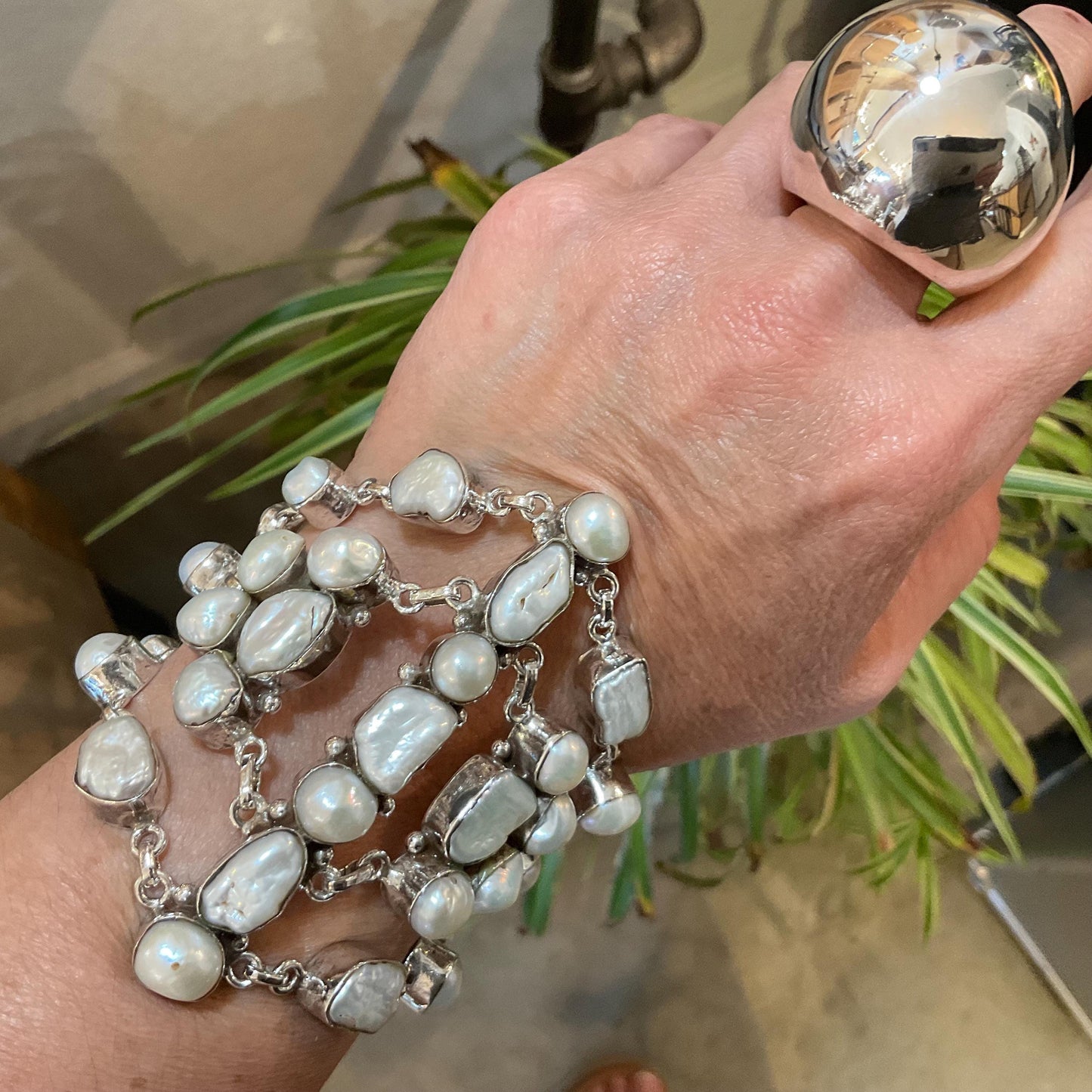 sterling silver heirloom statement white natural pearl cluster bracelet