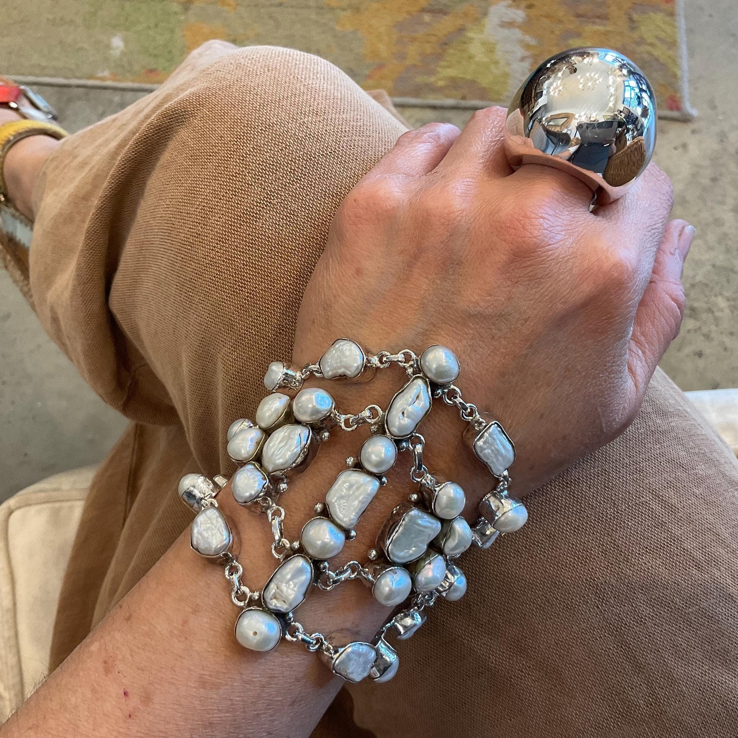 sterling silver heirloom statement white natural pearl cluster bracelet