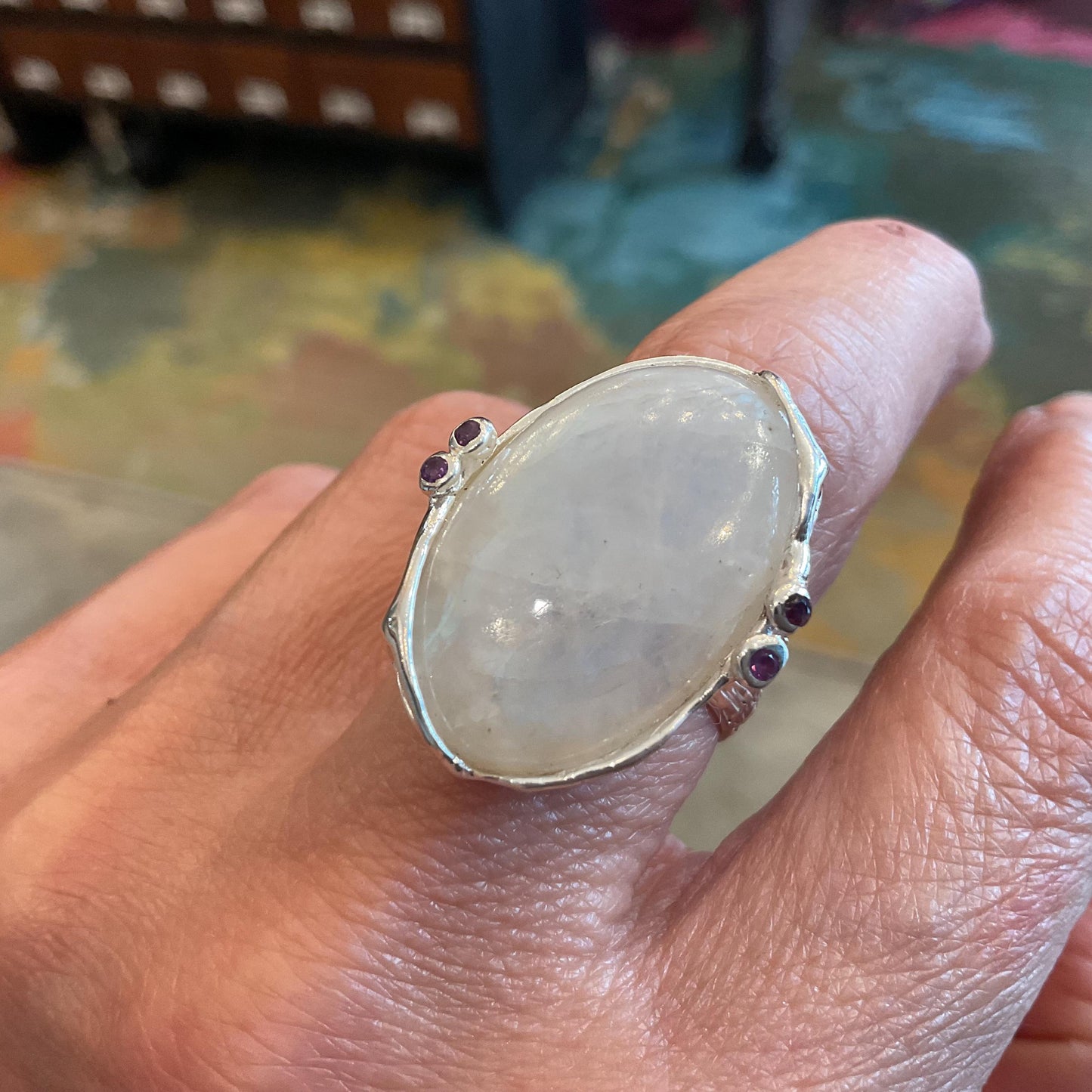 Sterling silver natural moonstone oval amethyst ring 7