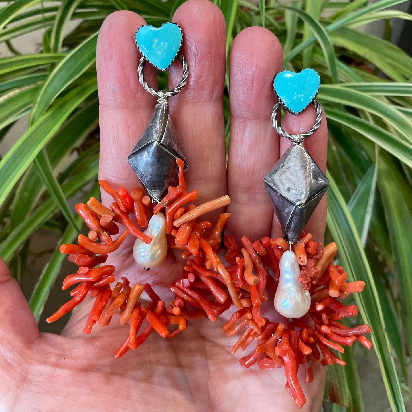 Sterling Silver turquoise statement heart coral long earrings