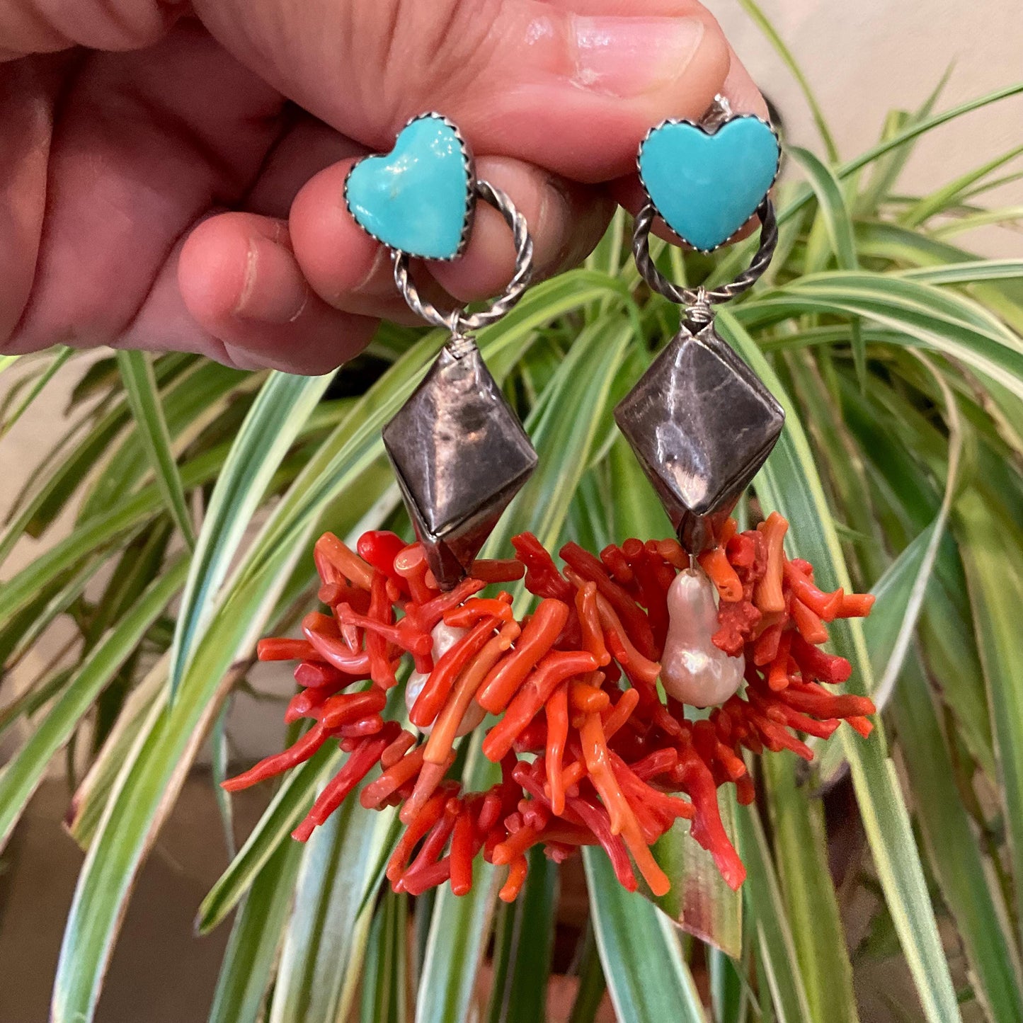Sterling Silver turquoise statement heart coral long earrings