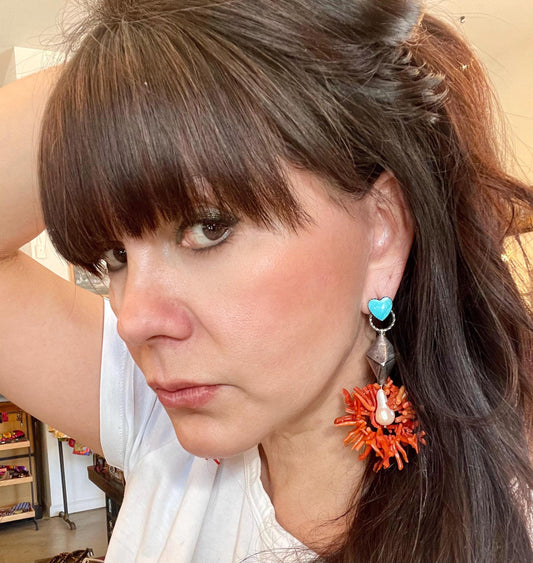Sterling Silver turquoise statement heart coral long earrings