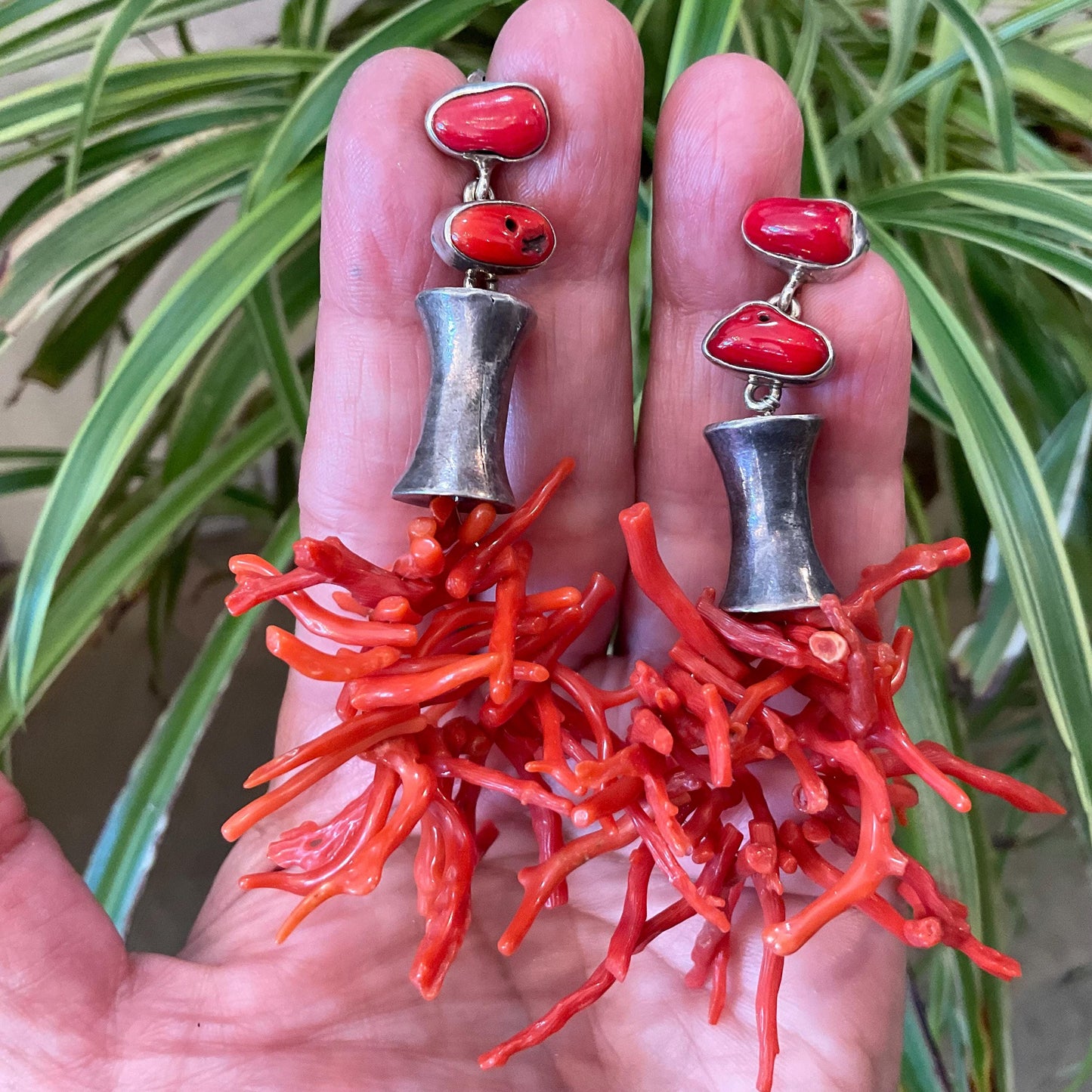 Sterling Silver ethnic statement  coral long earrings
