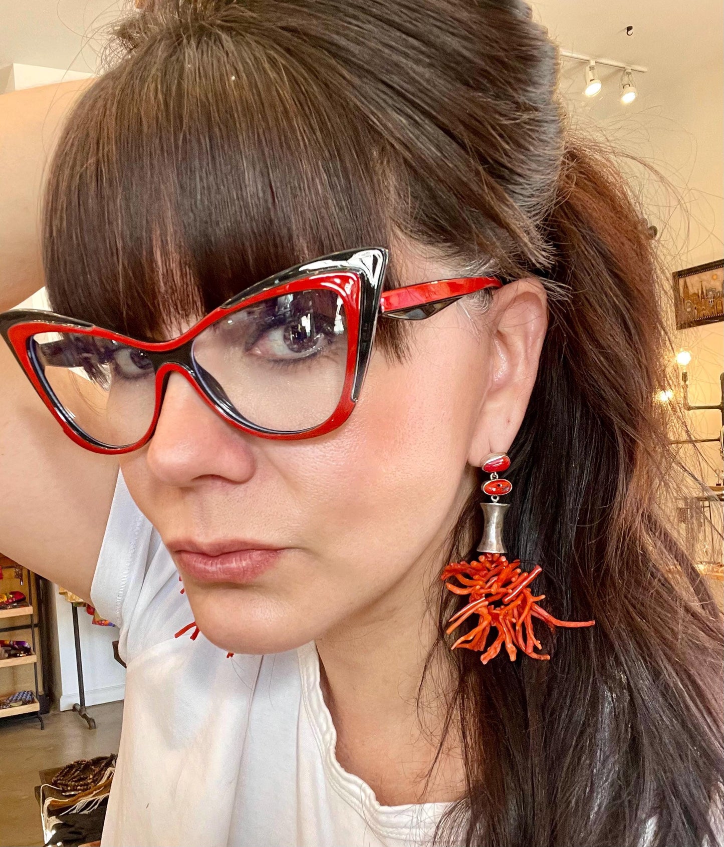 Sterling Silver ethnic statement  coral long earrings