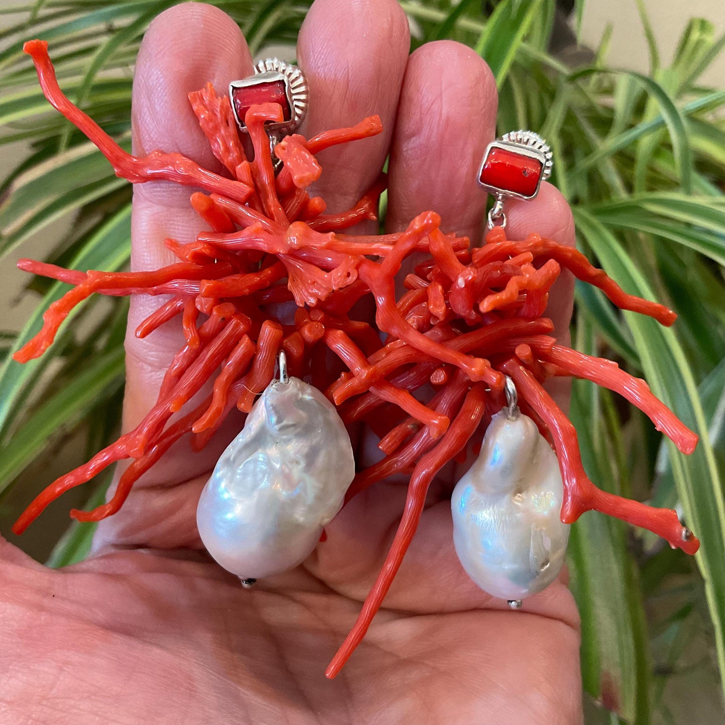 Sterling Silver baroque pearl statement  coral long earrings