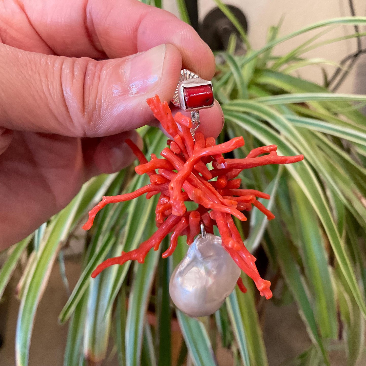 Sterling Silver baroque pearl statement  coral long earrings