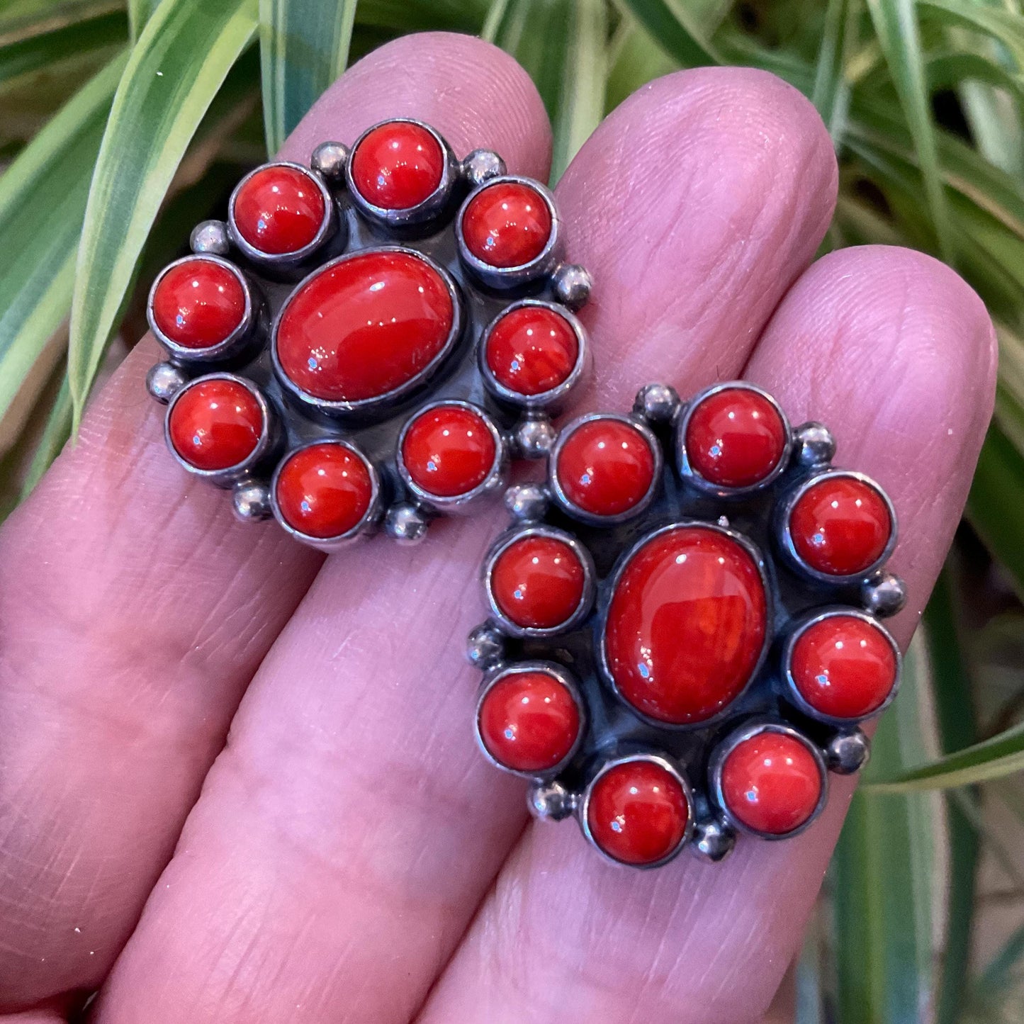 Handmade Sterling Silver red coral post earrings