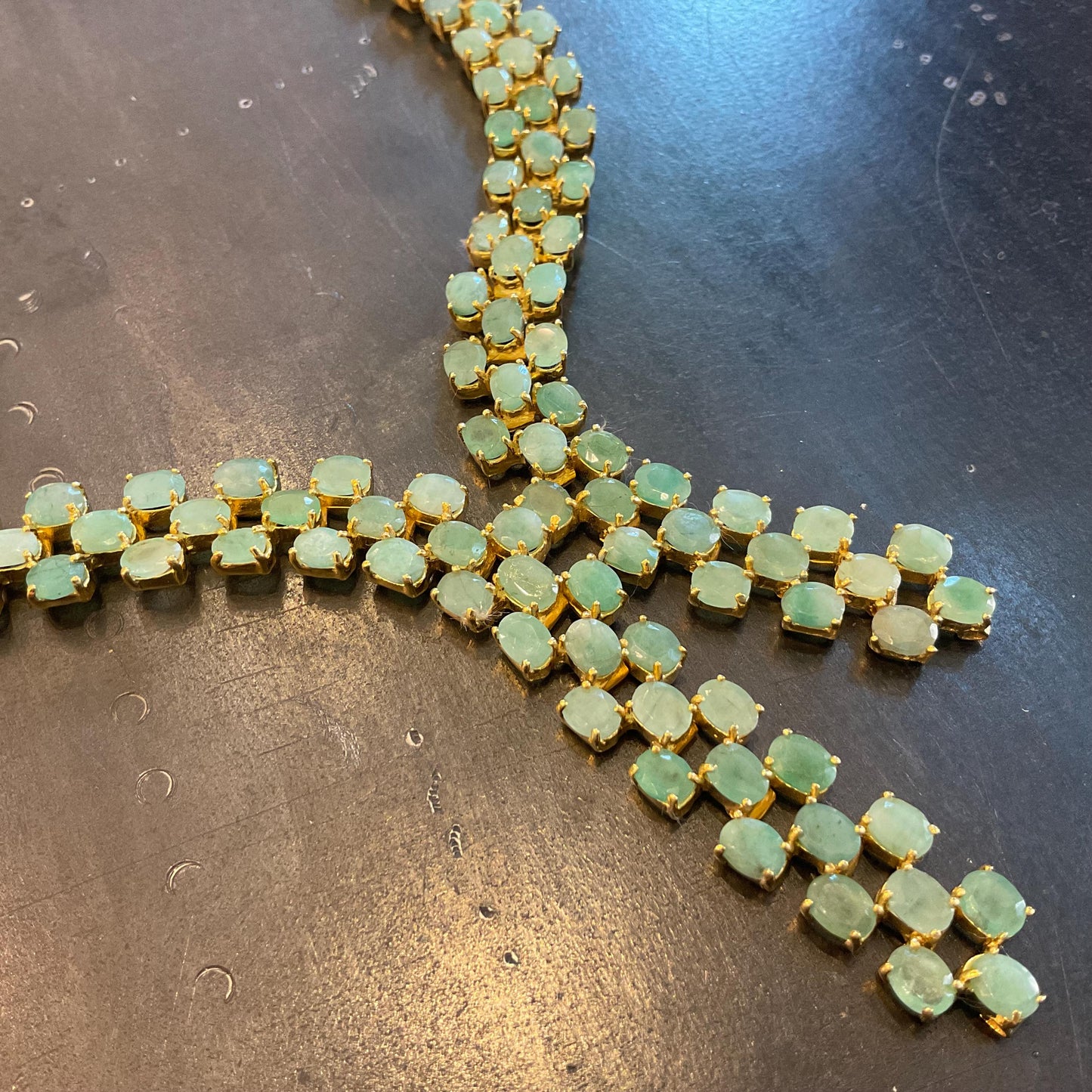 Sterling silver statement natural Emerald gold Necklace lariat