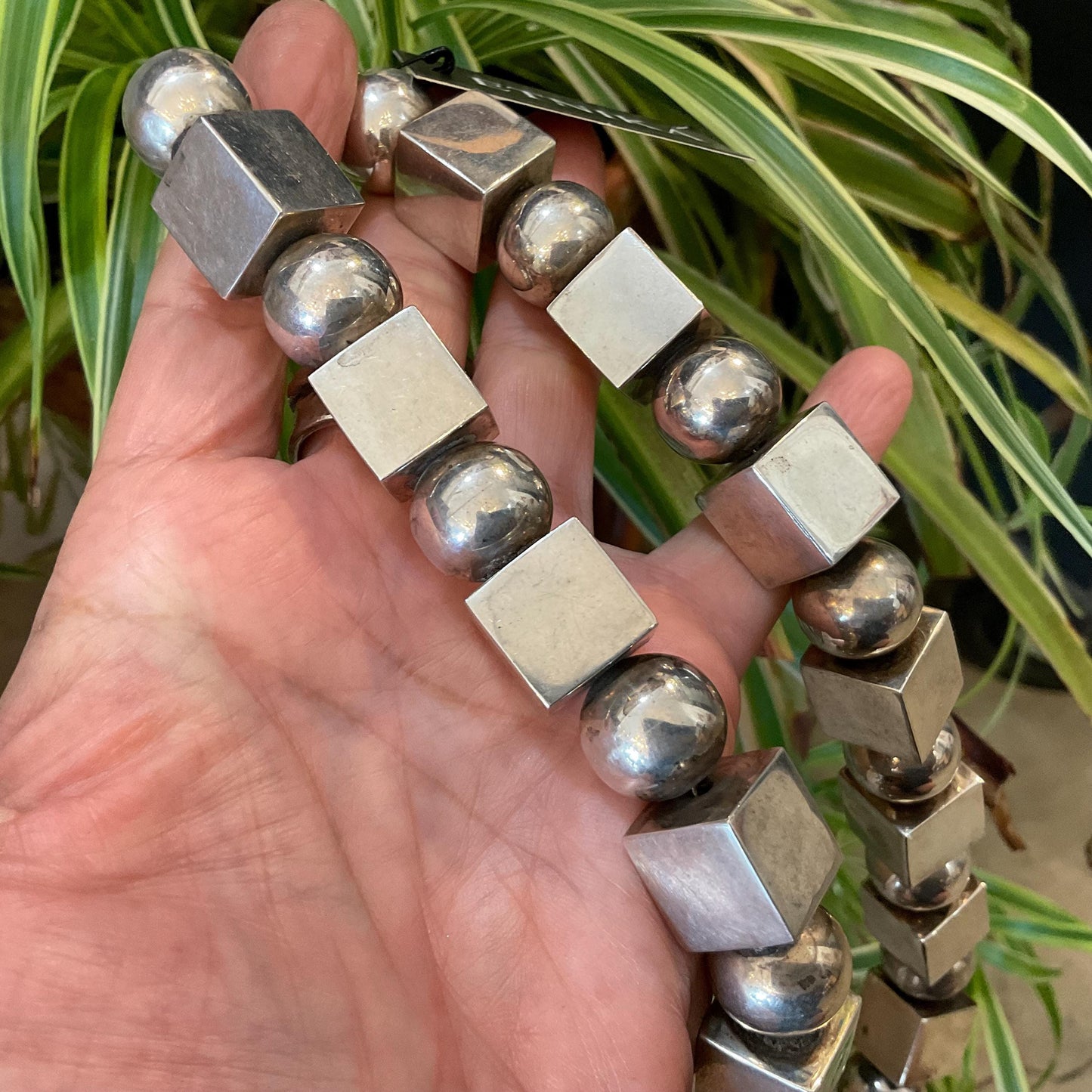 Sterling silver vintage pearl bench bead square statement necklace 20” long