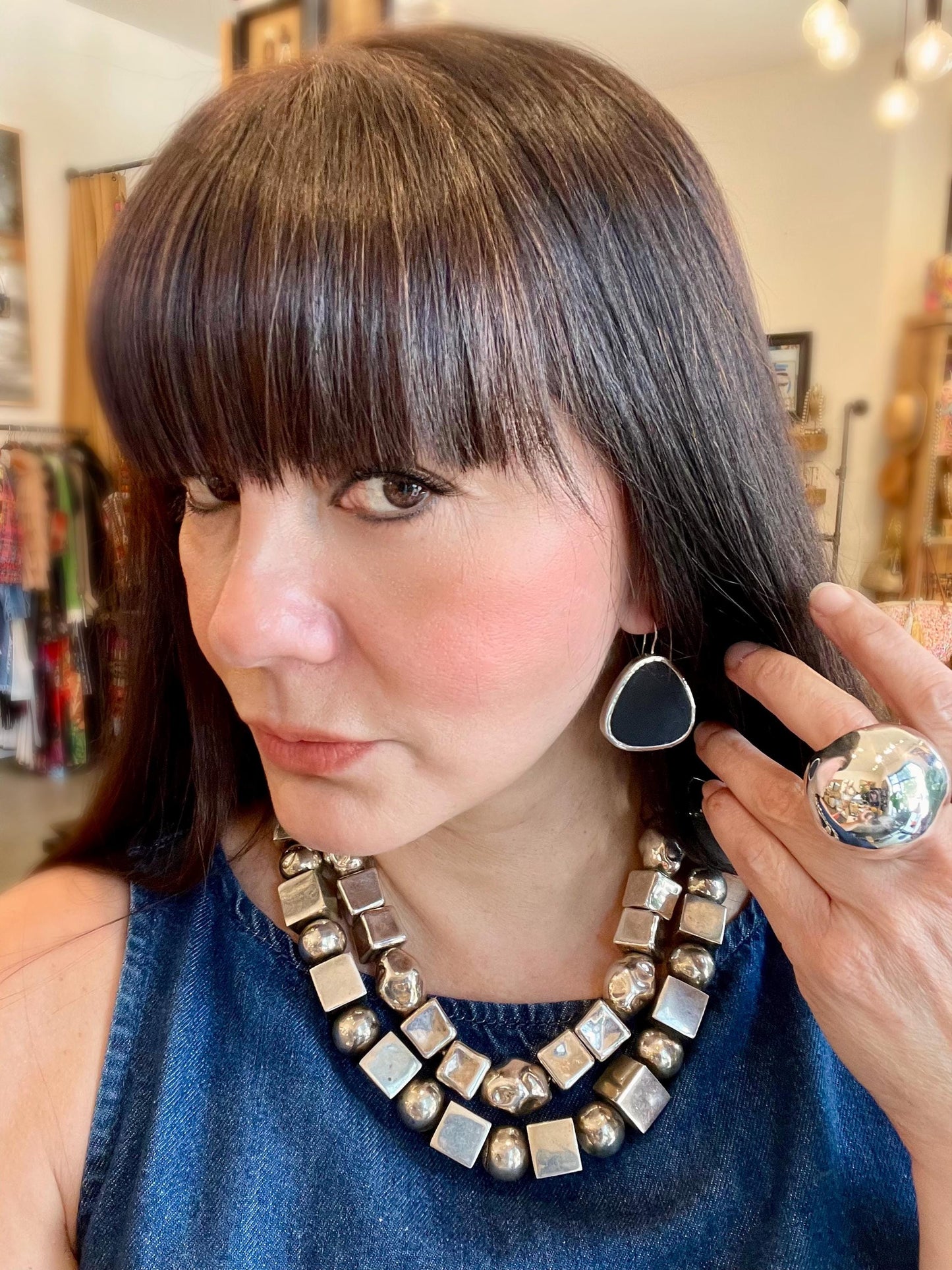 Sterling silver vintage pearl bench bead square statement necklace 20” long