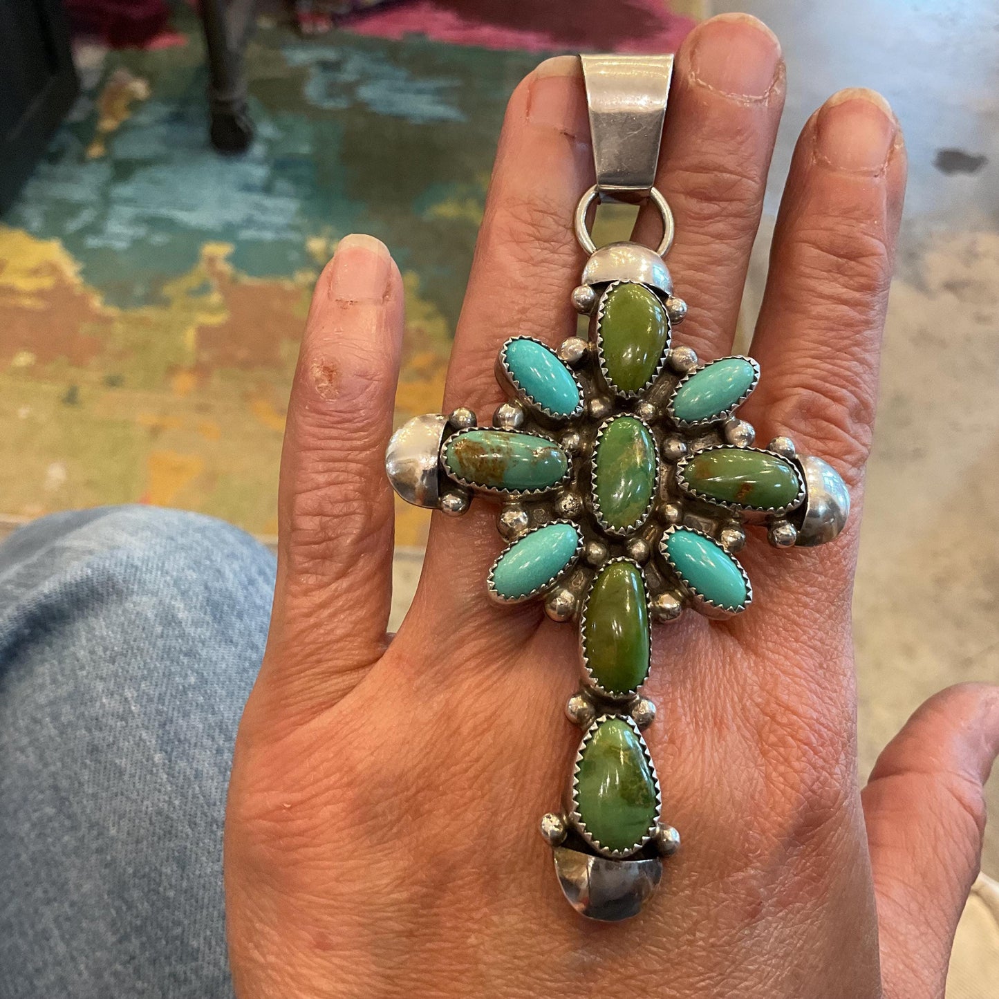 sterling silver genuine turquoise Oversize huge cross Pendant