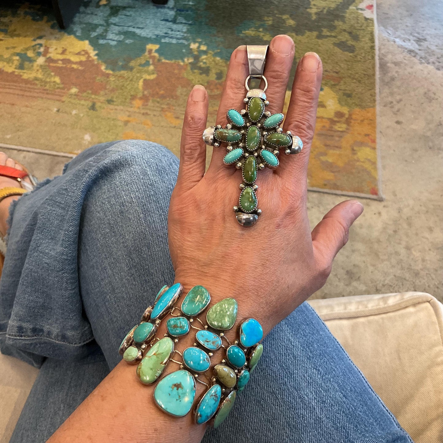 sterling silver genuine turquoise Oversize huge cross Pendant