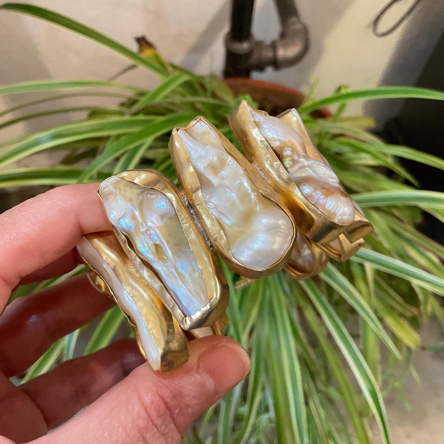 Gold plated brass statement large natural baroque pearl cluster bracelet