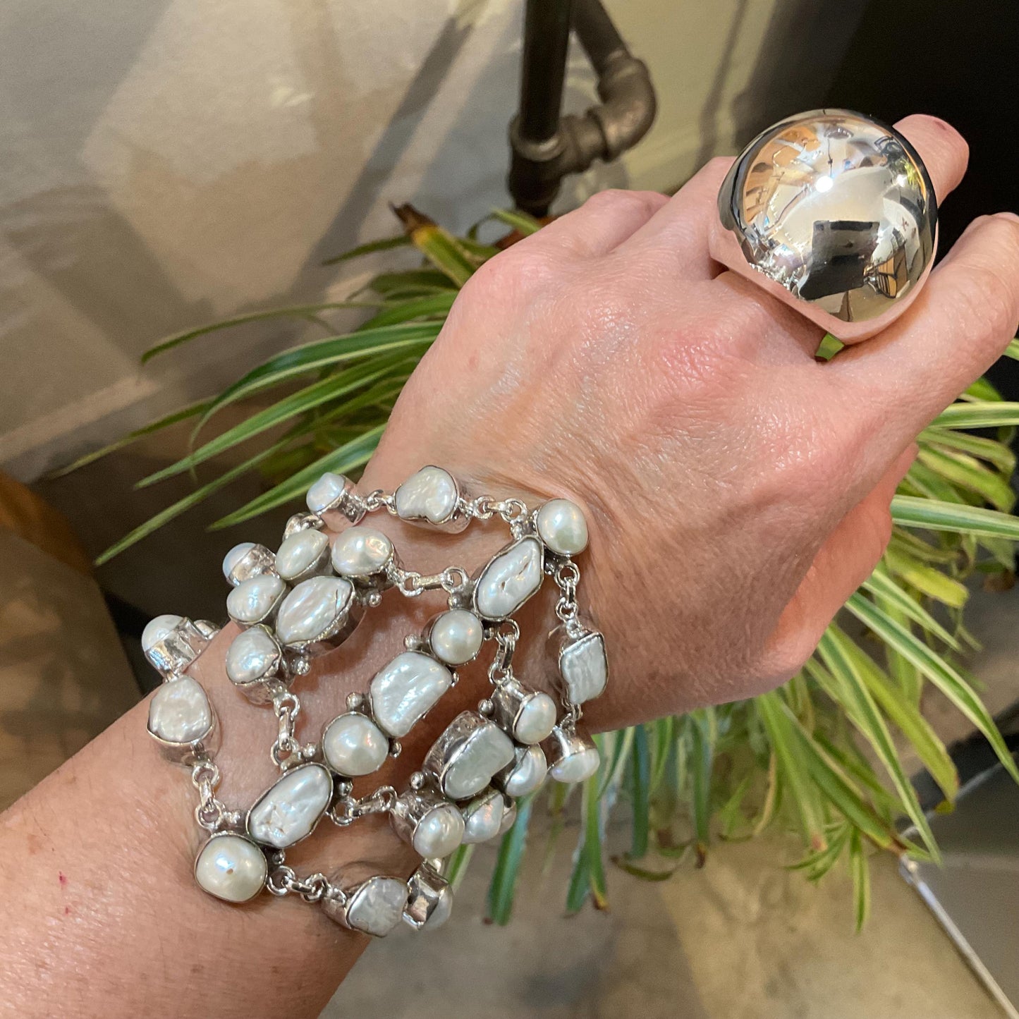 sterling silver heirloom statement white natural pearl cluster bracelet